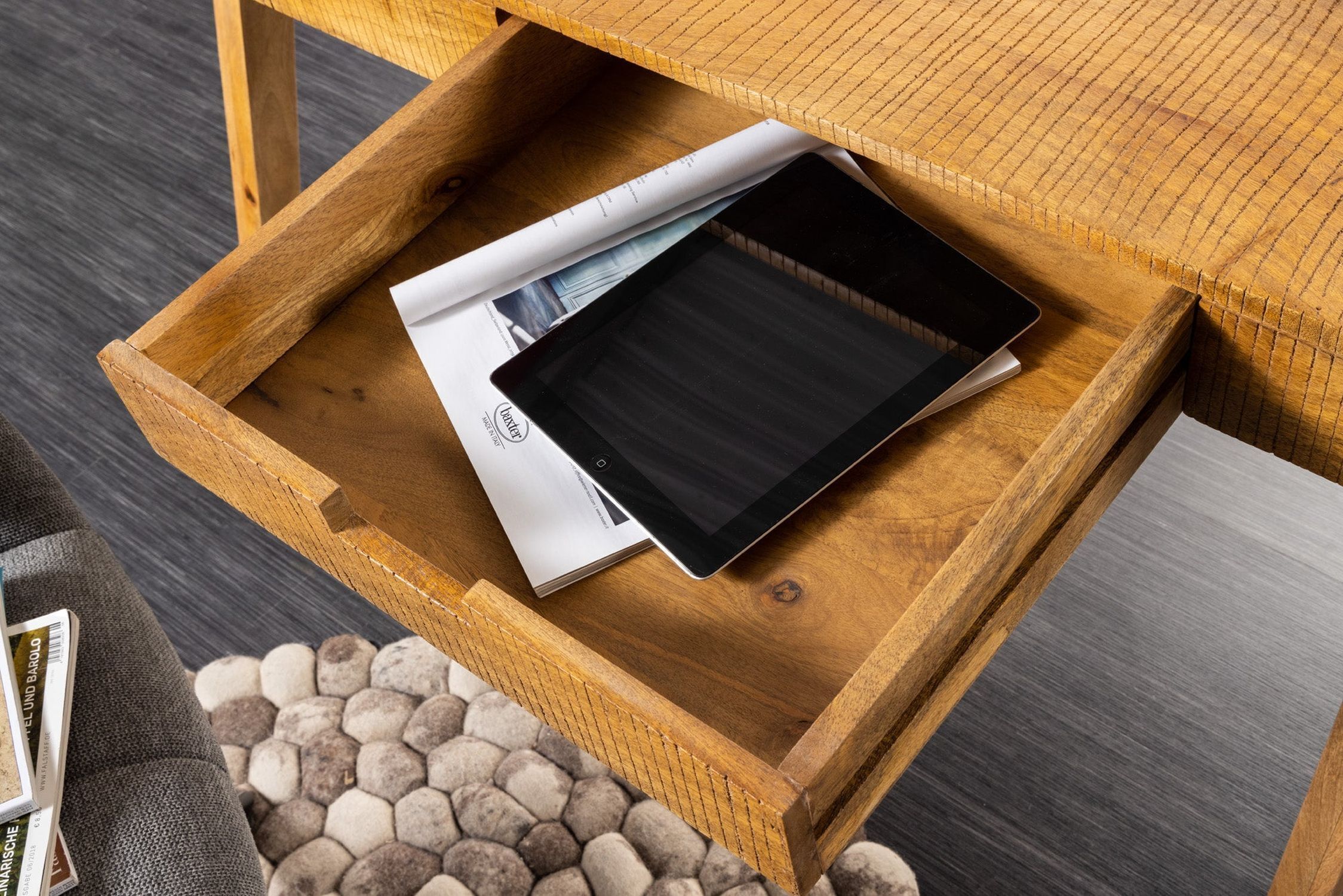 Schreibtisch mit Schublade Mango Holz in Natur 120x86 cm Hartholz, Holz, Gebeiztes Holz, Innenarchitektur, Tabelle