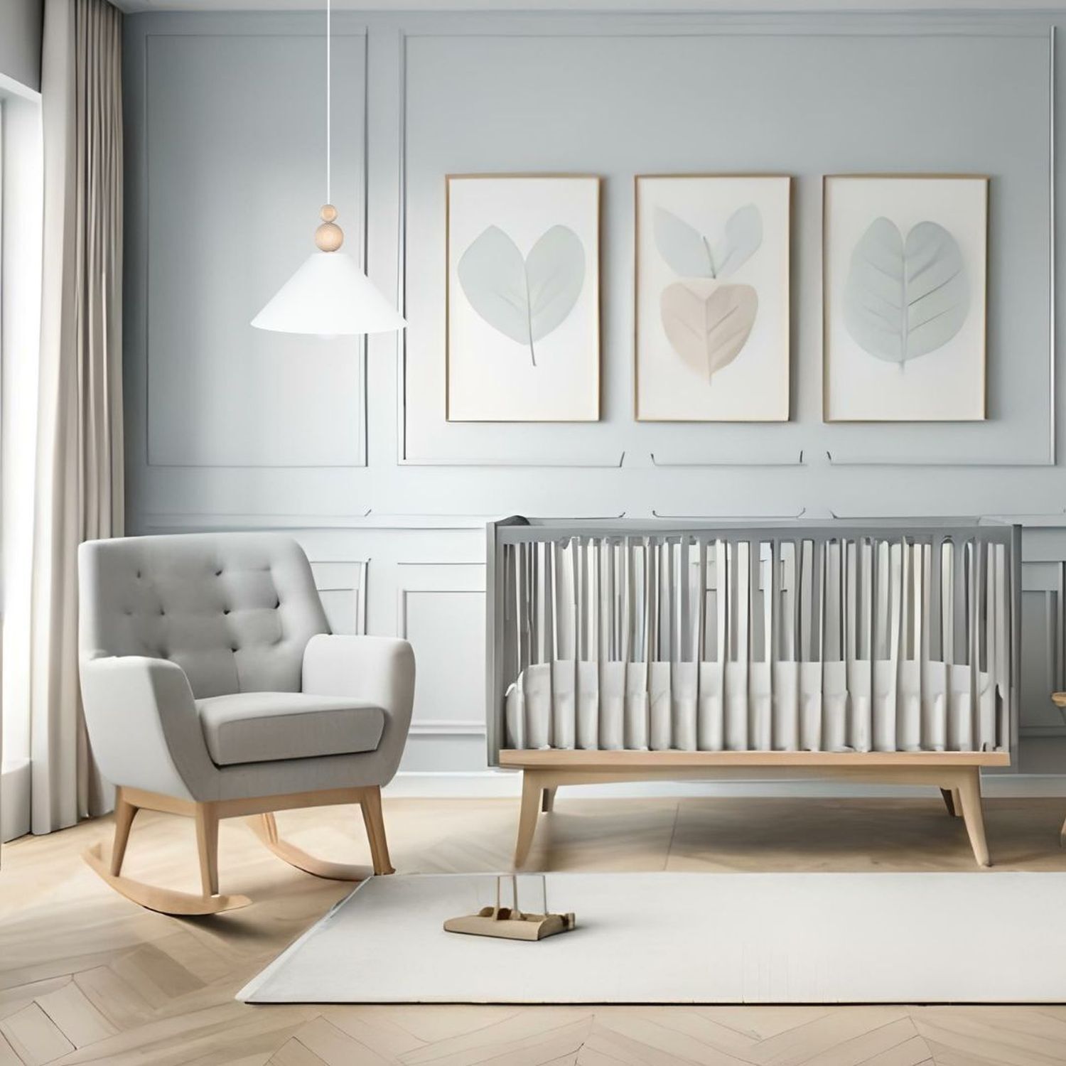 Weiße Hängeleuchte Holz Metall Ø26 cm rund E27 wohnlich Baby-Krippe, Baby-Möbel, Schaukelstuhl, neutrales Kinderzimmer, Holzrahmen