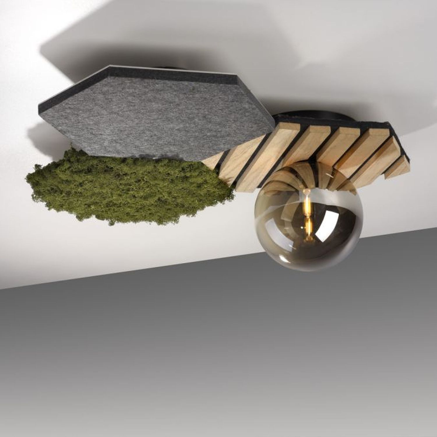 Plafonnier LED feutre chêne mousse verre fumé G9 faible éblouissement