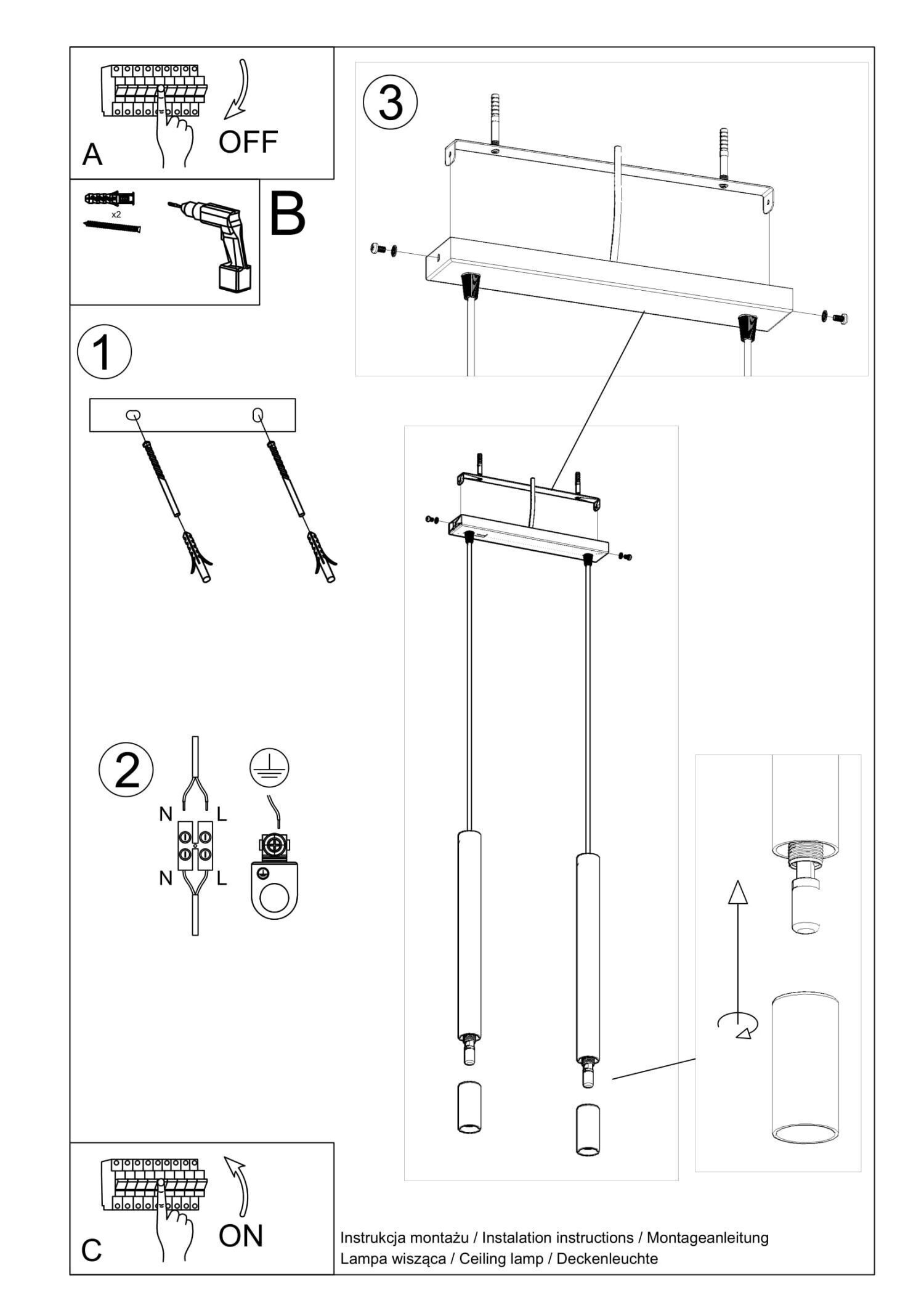 Hängeleuchte 2-flammig G9 Weiß Metall Glas Modern CAD-Diagramm, Diagramm