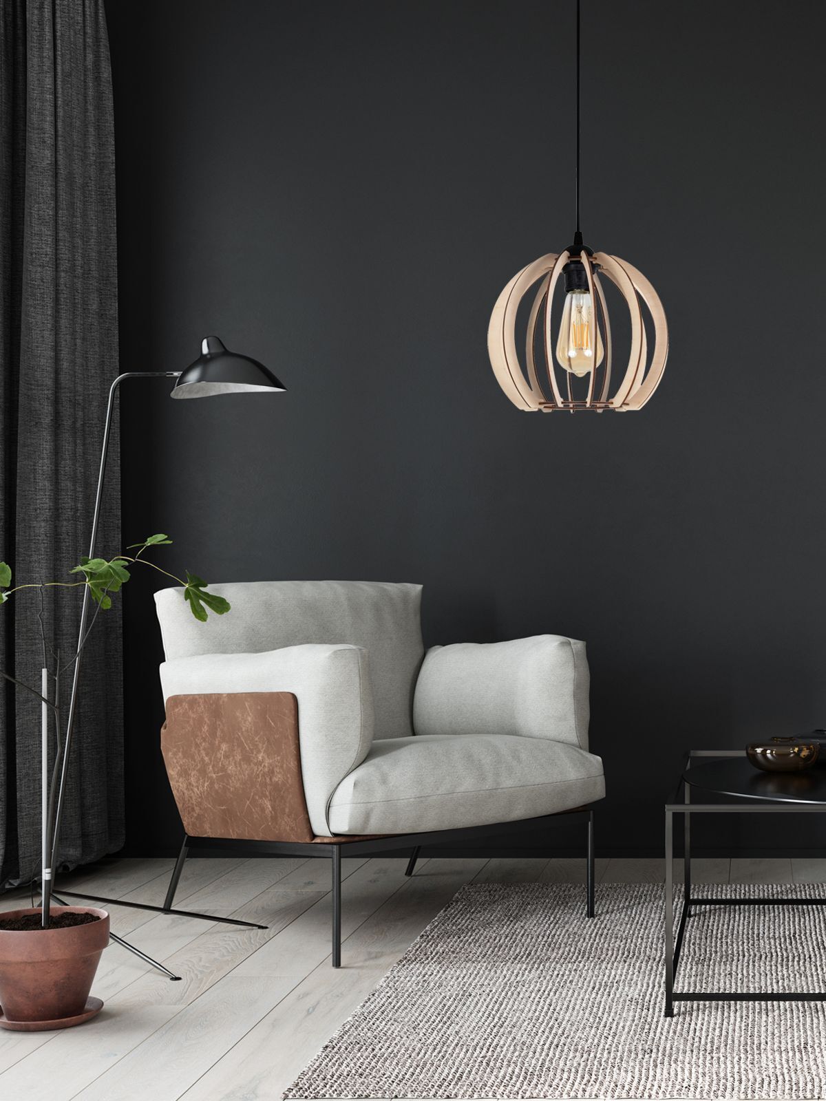 Suspension ronde abat-jour bois métal E27 sphère Ø24 cm Lampe, Stuhl, Mobiliar, Inneneinrichtung