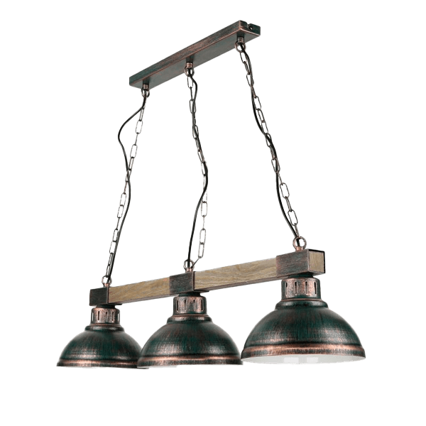 Holzlampen Hängelampe, Drei Lampenschirme, Metall, Kettenaufhängung, Vintage Stil