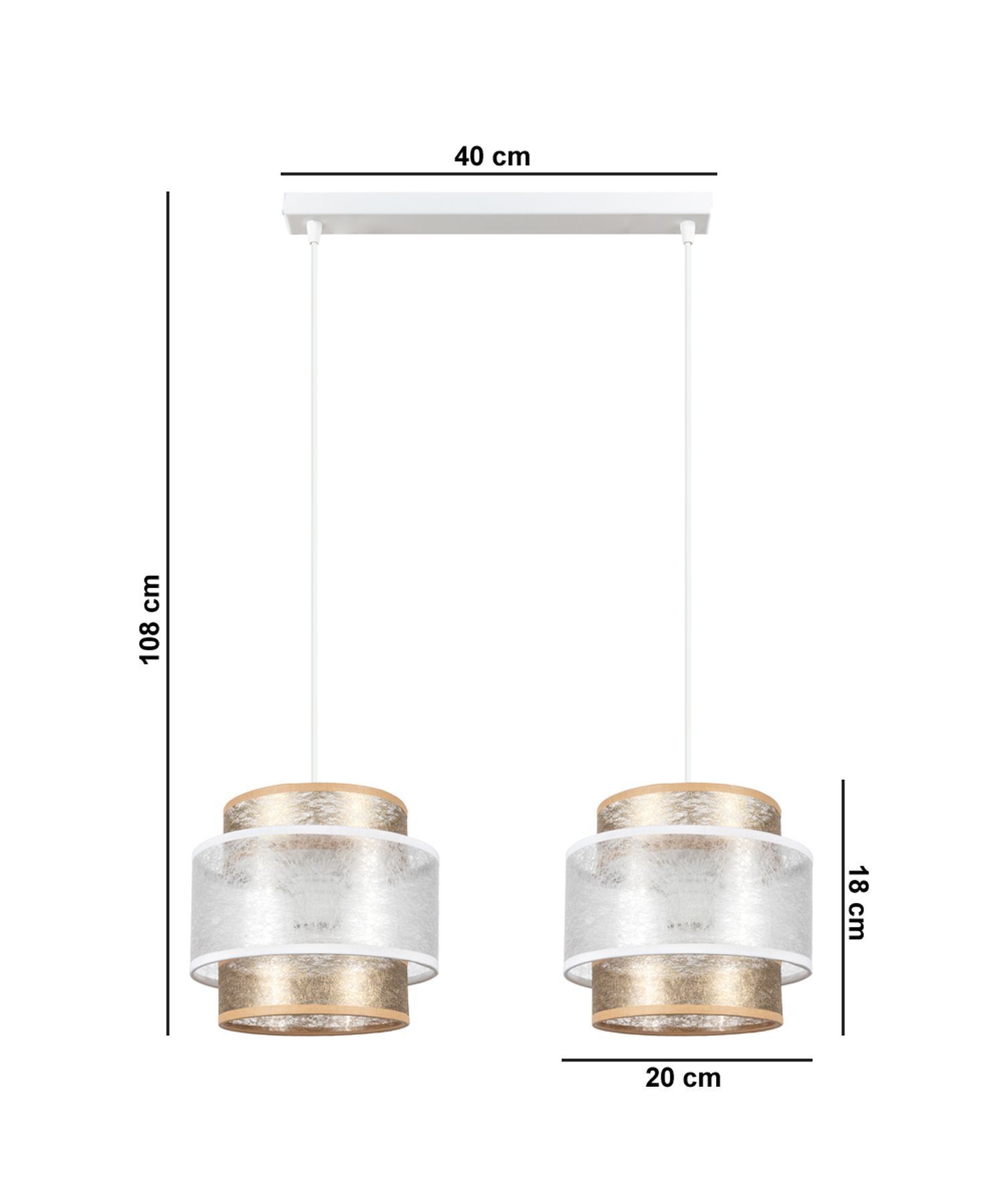Suspension longue tissu blanc or 48 cm E27 faible éblouissement