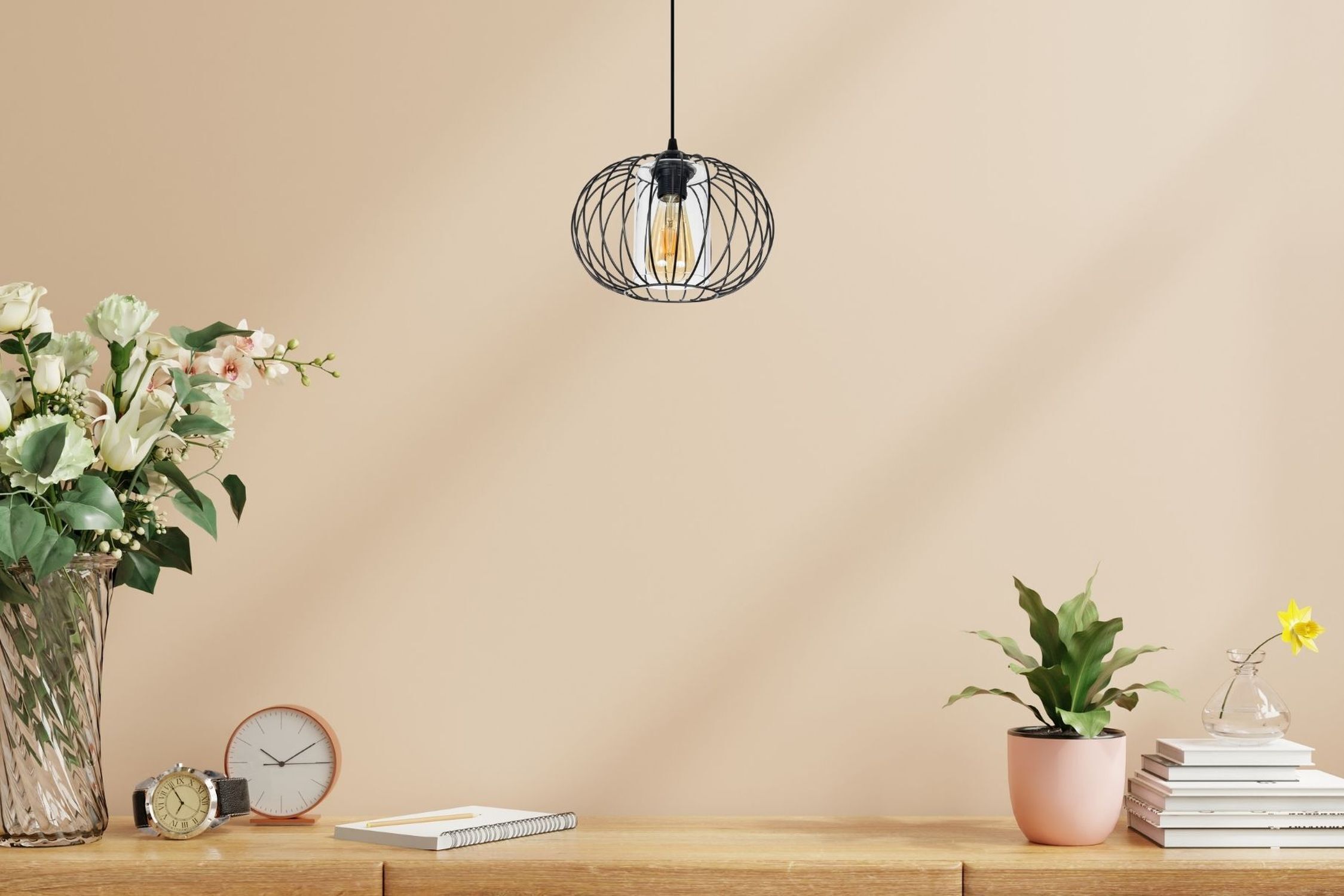 Hängelampe Metall E27 rund Ø25 cm Schwarz Retro Design Deckenleuchte, Metall-Gitterlampe, hängende Leuchte, Wohnaccessoire, Beige Wand