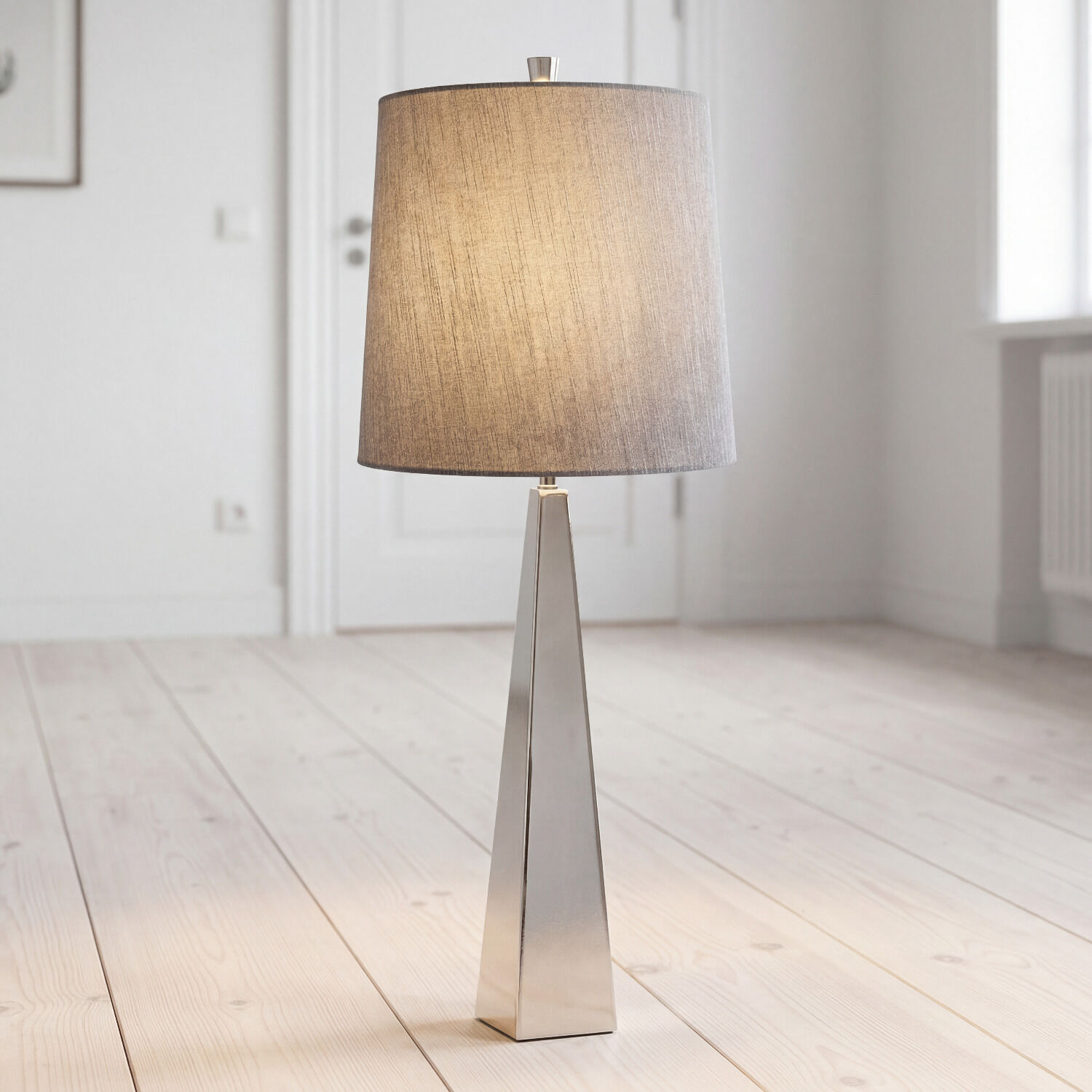 stehleuchte-stehlampe-pilar-1-flammig-nickel-poliert-dunkelgrau-modern-design-07 Tischlampe, Stehlampe, Metallbasis, Beige Lampschirm, Designer-Lampe