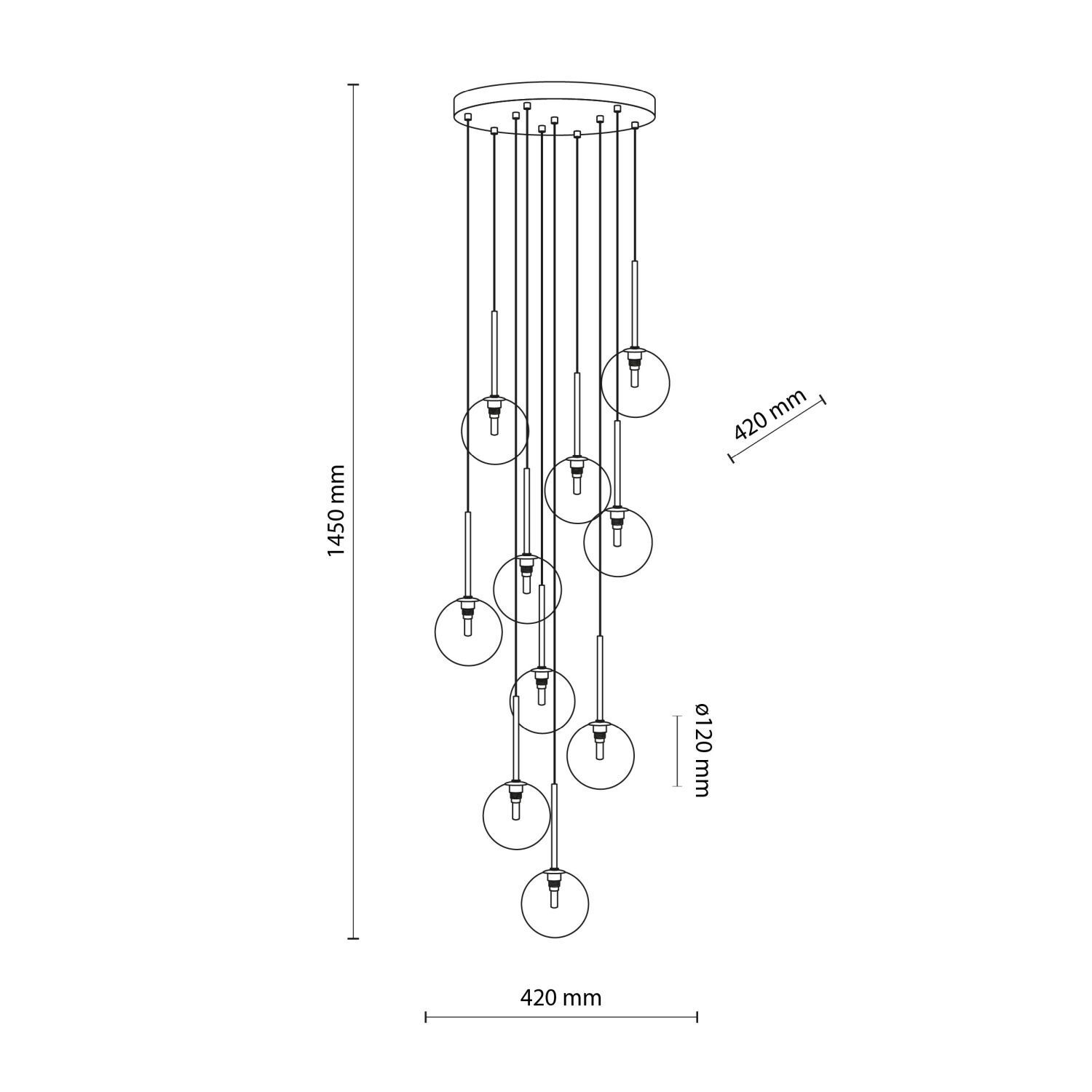Suspension boule métal verre H : max. 145 cm réglable