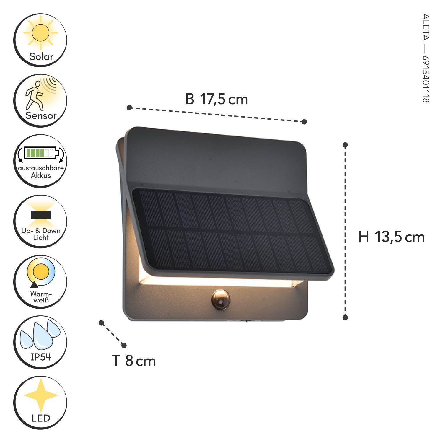 Applique solaire à LED avec détecteur de mouvement IP54 3000 K