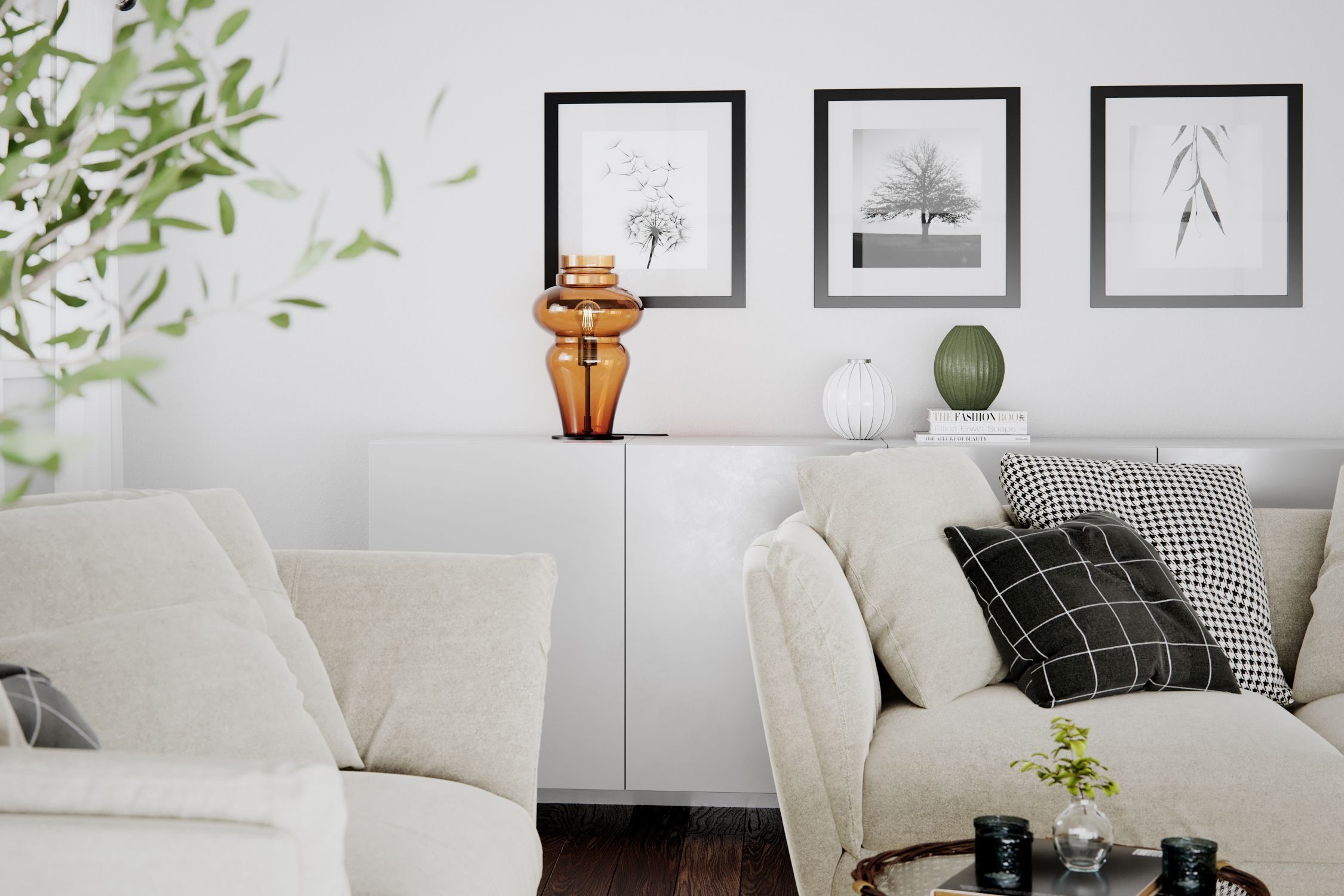 wohnzimmer, wanddeko, vitrine, lampe, kissen