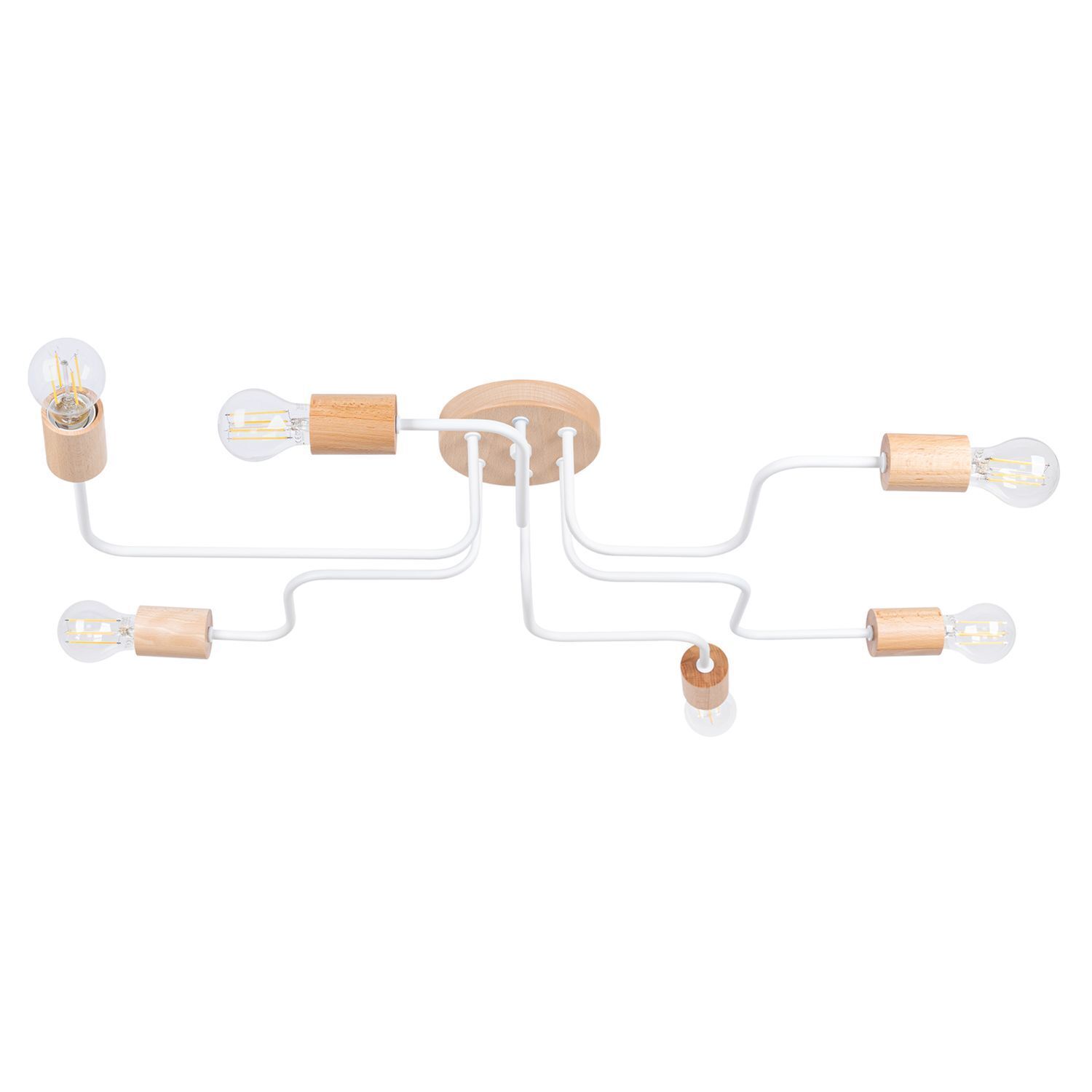 Deckenleuchte Stahl Holz Weiß E27 B:85 cm 6-flammig Deckenleuchten, Leuchte, Holz, Metall, Lampenfassung