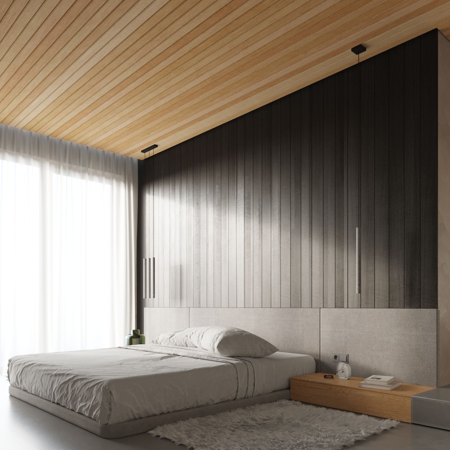 Runde Pendelleuchte Beton Grau G9 L:19,5 cm 3-flammig Bett, Schlafzimmer, Kopfteil, Holzpaneel, Grau