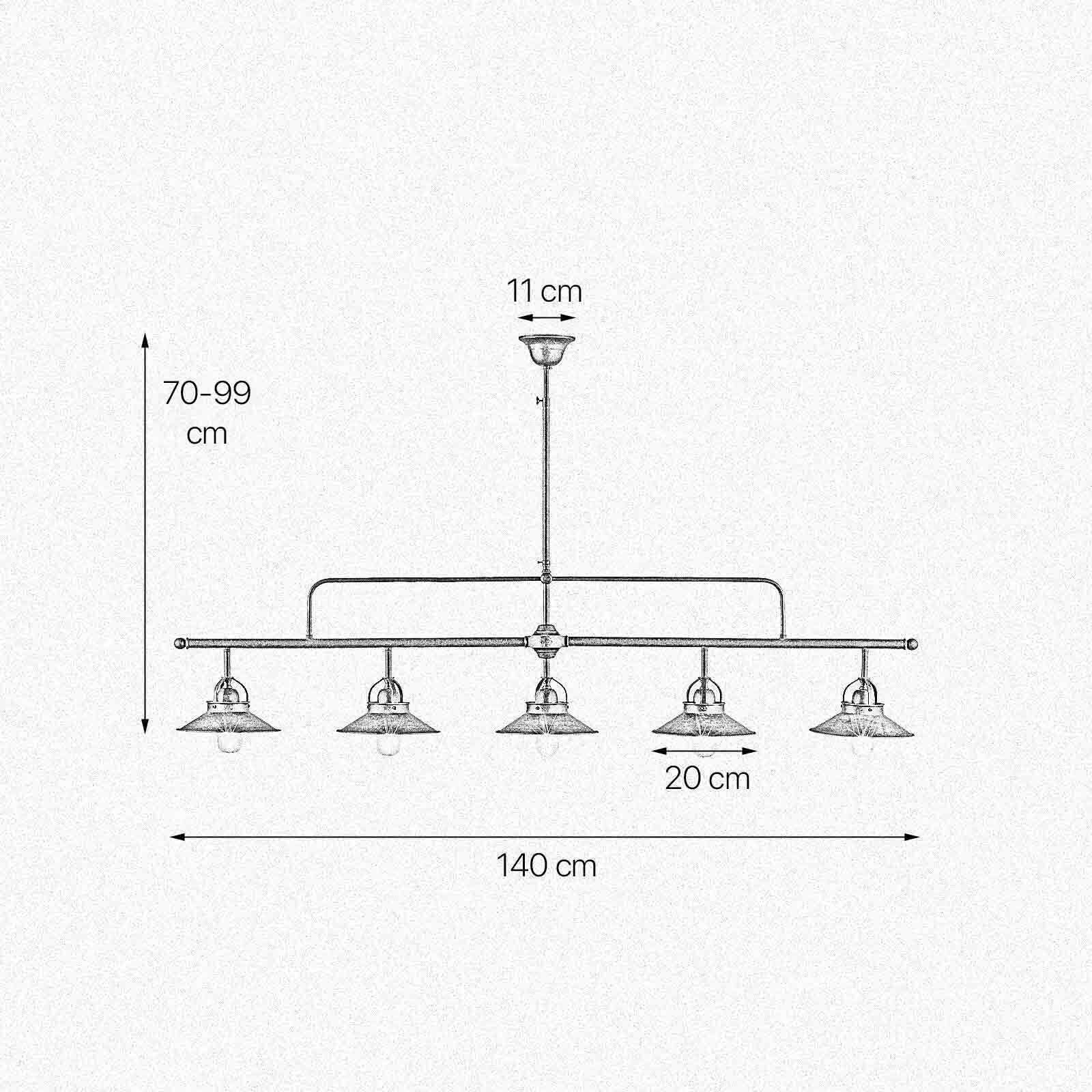 Plafonnier en laiton 140 cm de long réglable en hauteur 5x E27