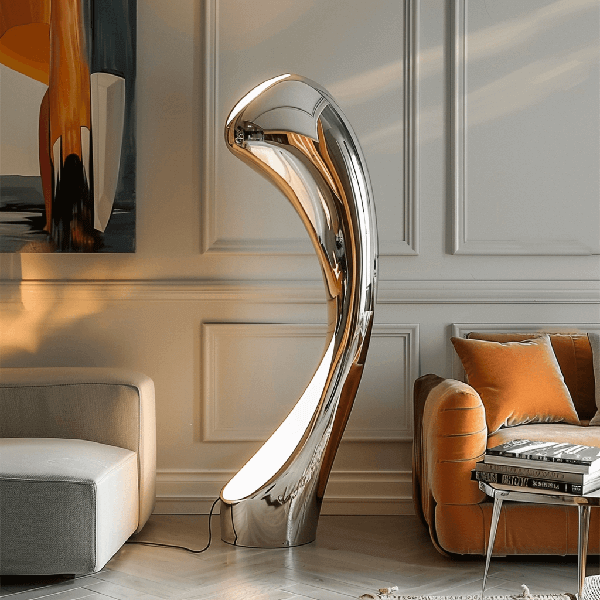fußbodenlampe, Chrom, gekrümmtes design, modern, Beleuchtung