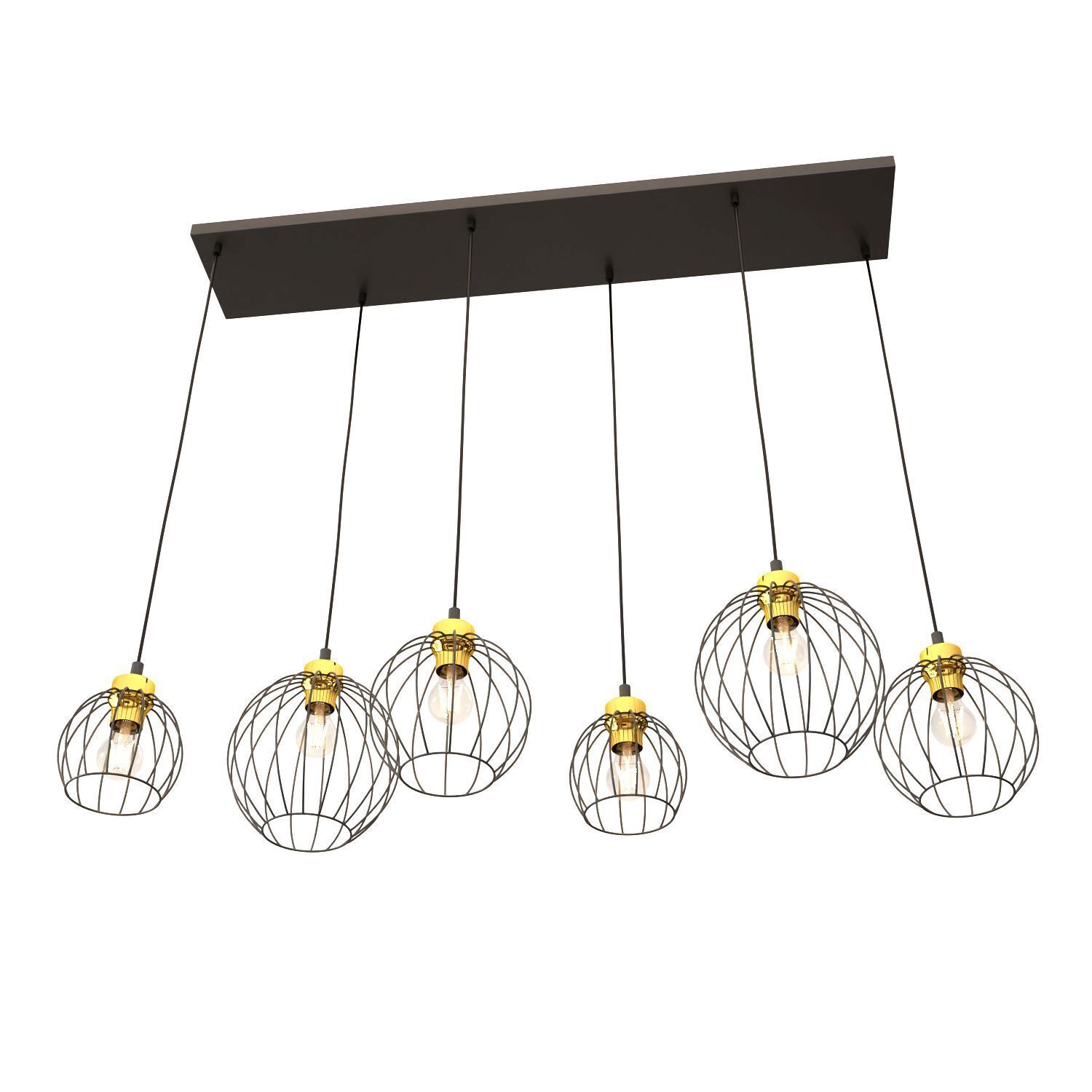 Suspension allongée noir or 6 flammes élégantes