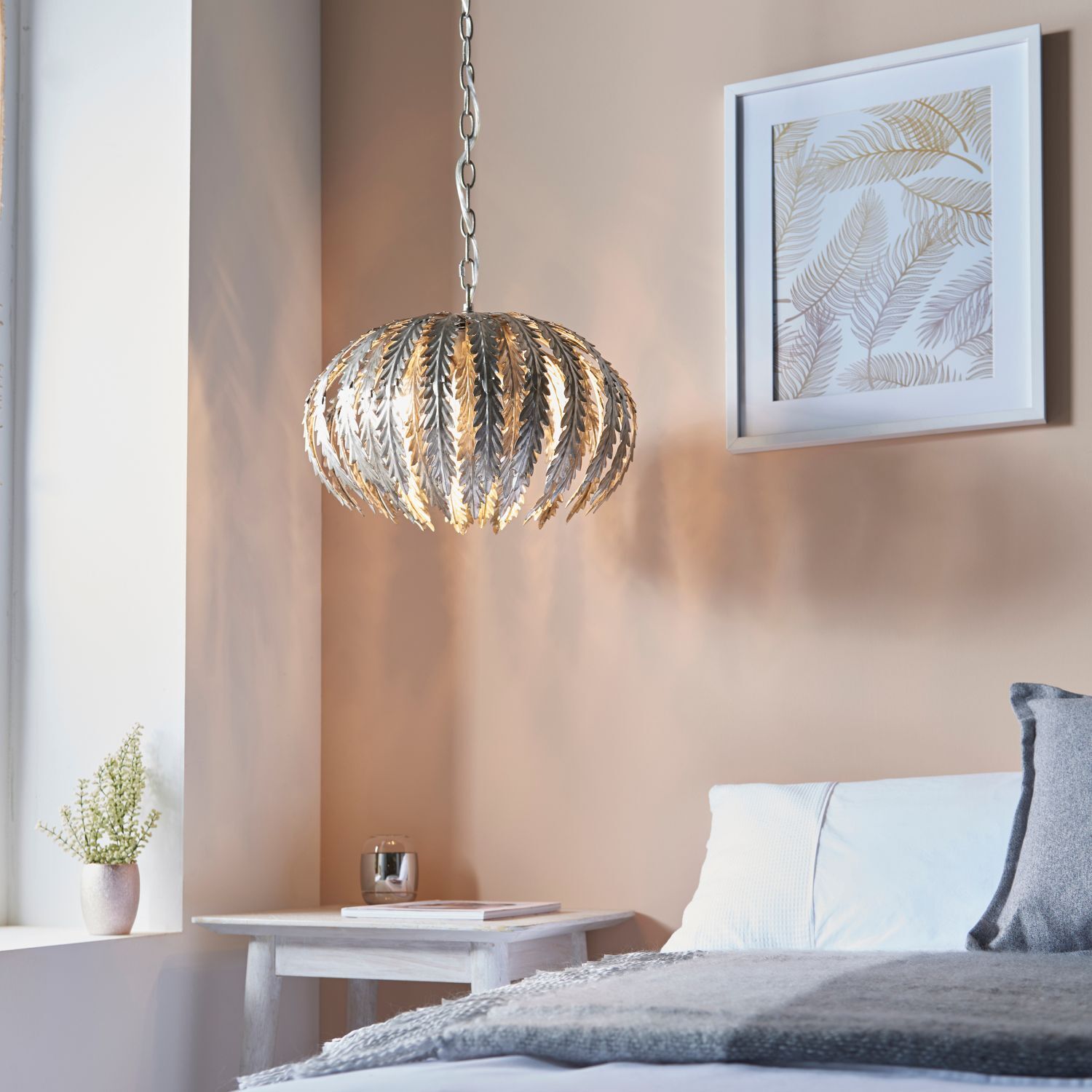 Suspension métal Ø 45 cm rond feuille d'argent 3x E14 Floral