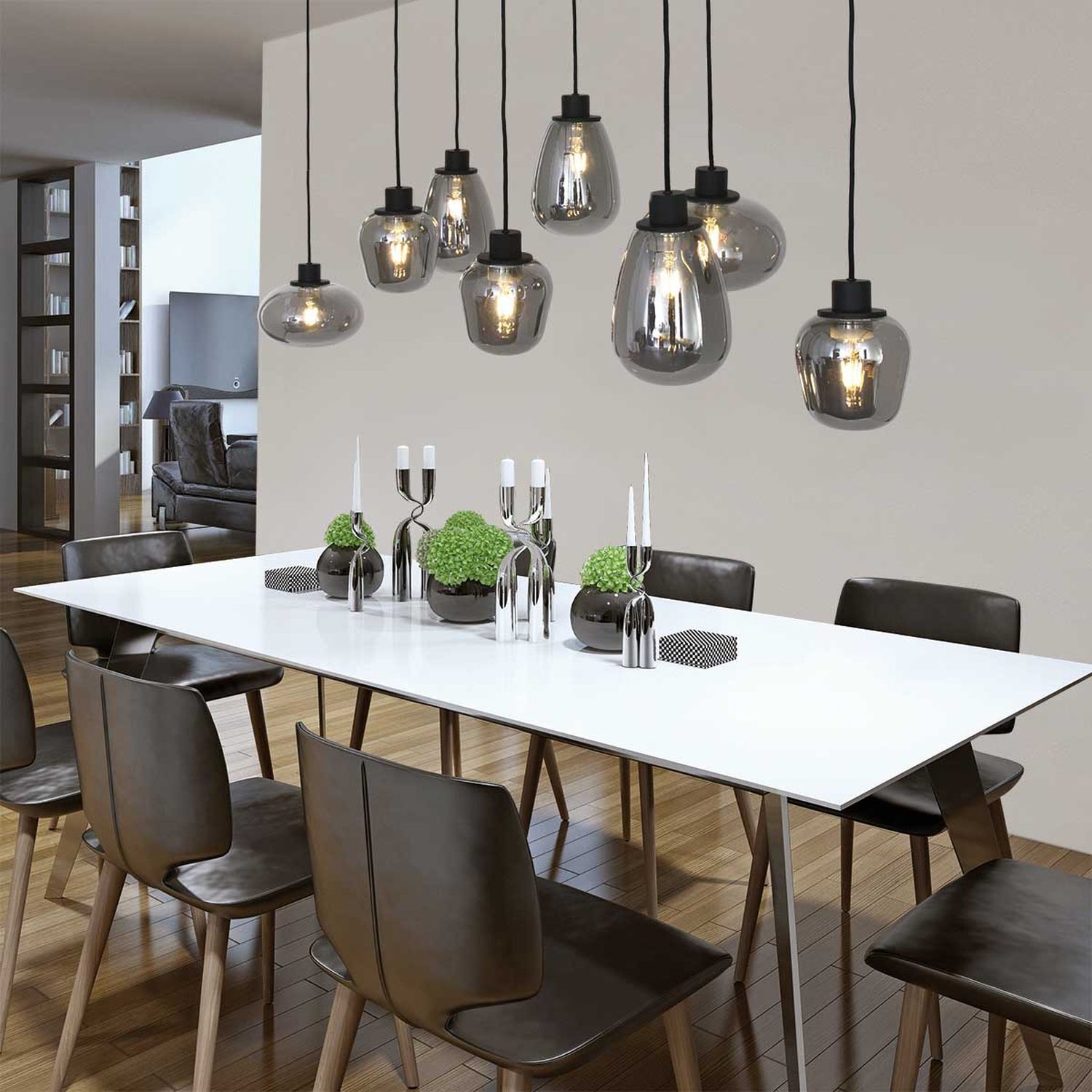 Lampe à suspendre ronde noir gris fumé verre métal 145 cm