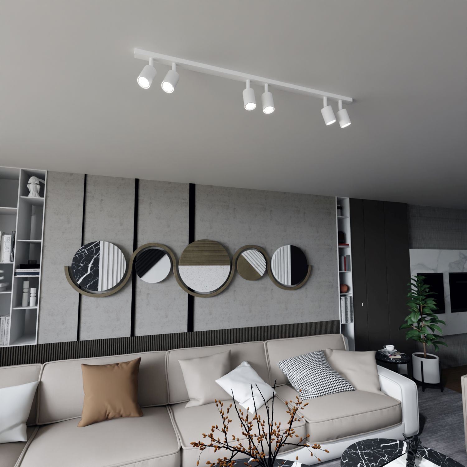 Deckenstrahler Weiß 116 cm lang Metall GU10 6-flammig Dekoration für Zuhause, Innenarchitektur, Wohnzimmer, Kissen, Person