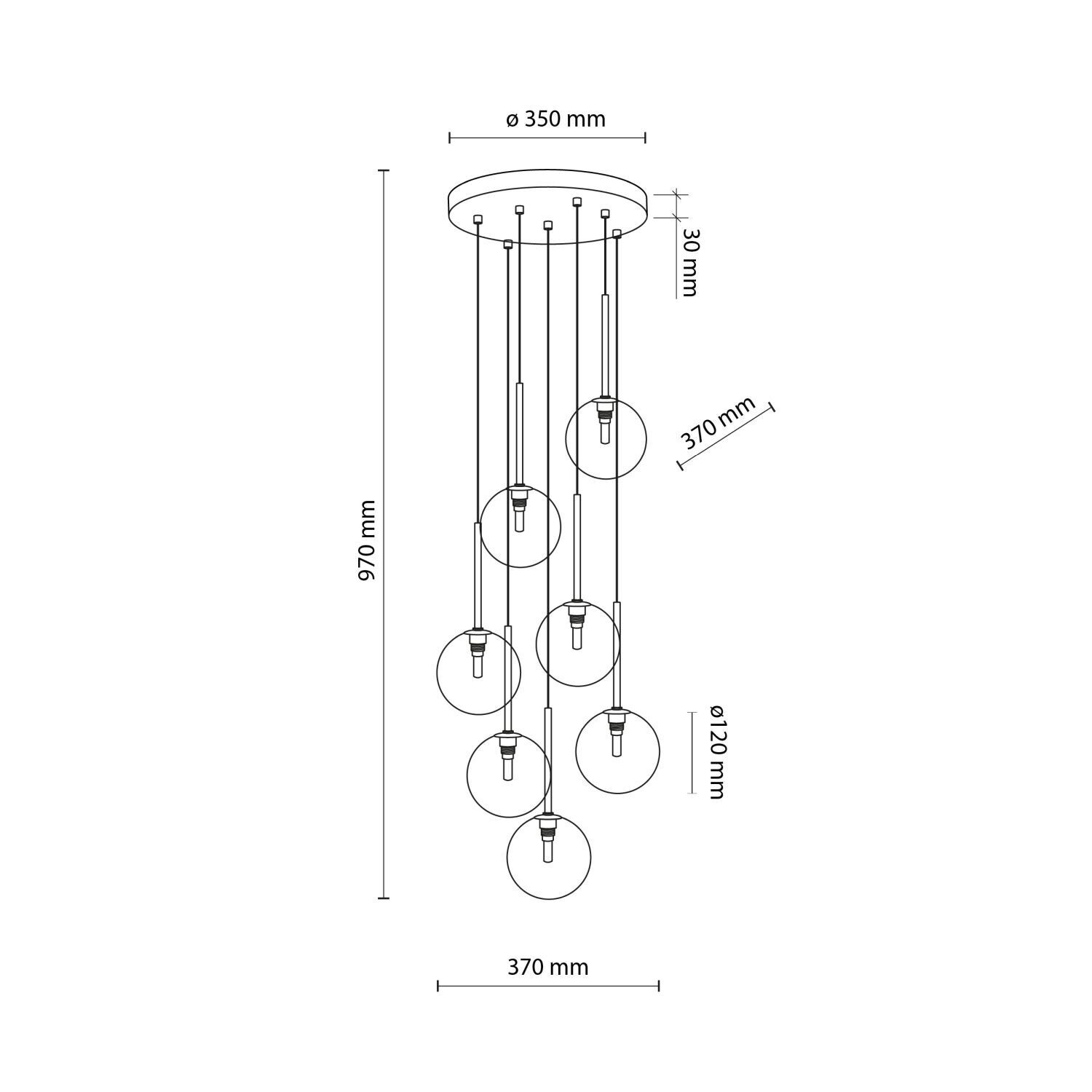 Suspension verre métal H : max. 97 cm réglable 7x G9