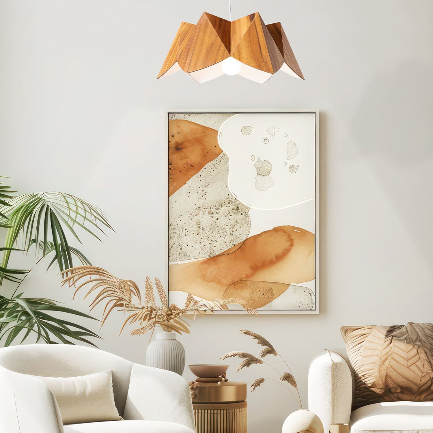 Extraordinaire lampe à suspendre bois plaqué teck L : 46 cm E27