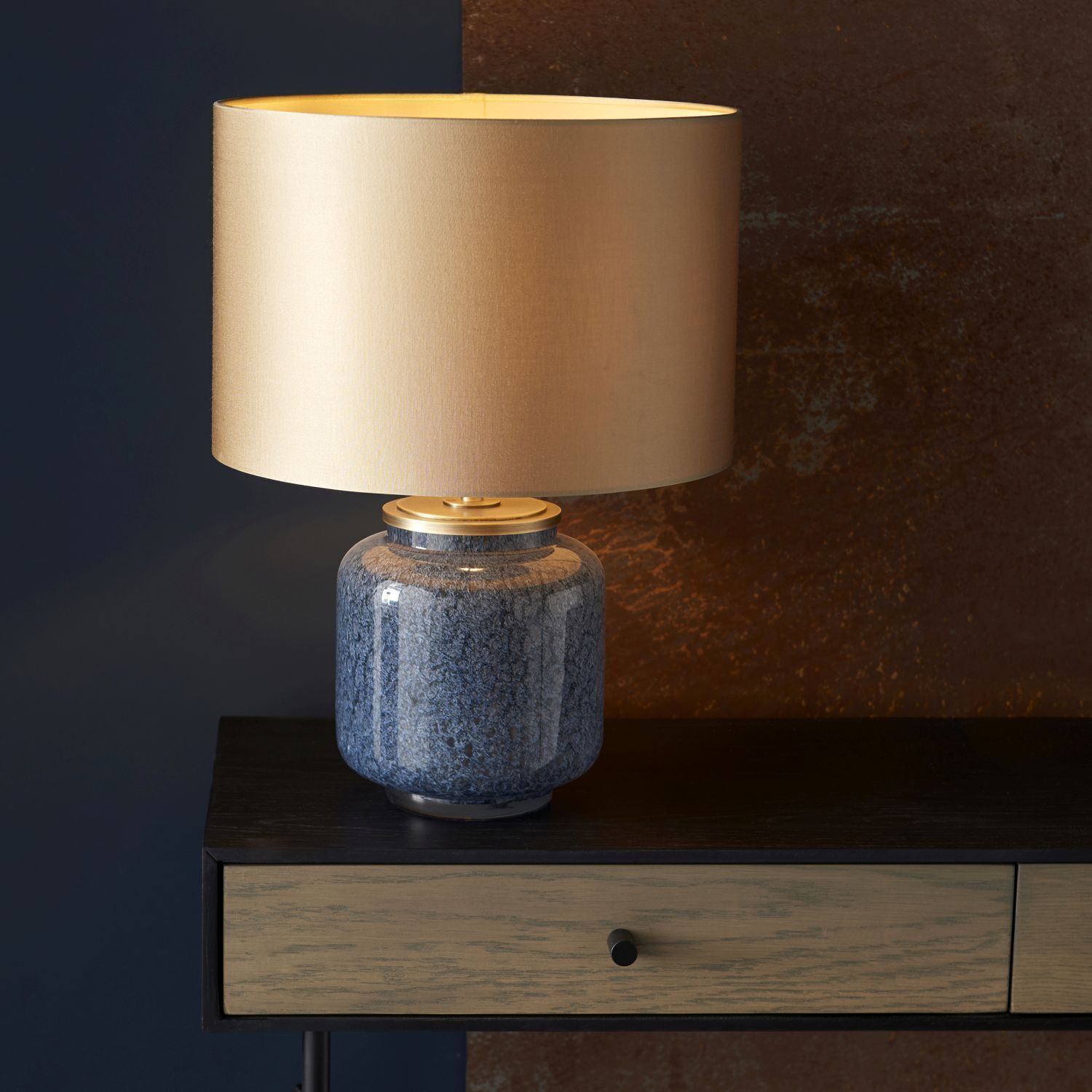 Lampe de table bleu or 48,5 cm de haut tissu verre métal E27