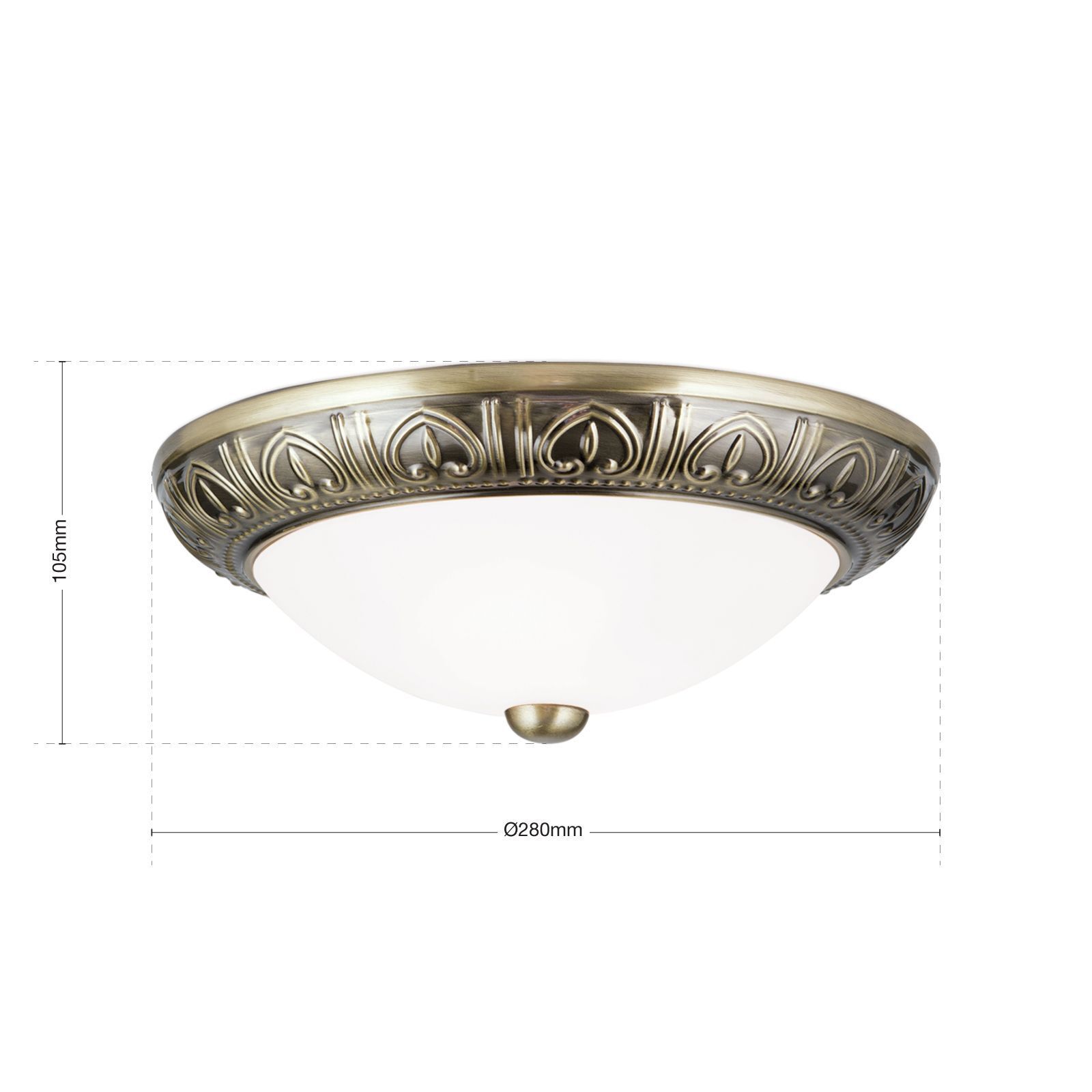 deckenleuchte, flush-mount, antik-brass, verzierter rand, glasschirm