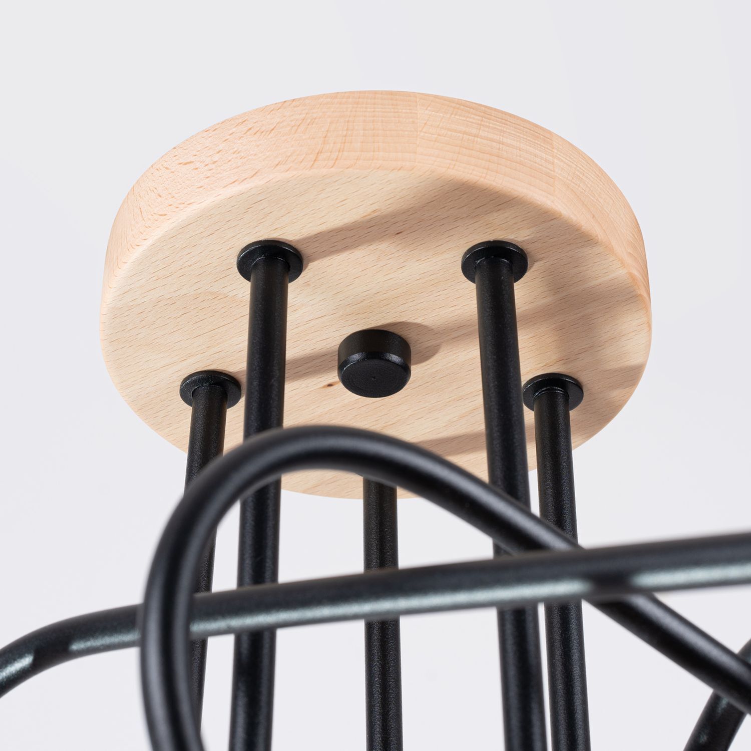 Deckenleuchte Holz Stahl Schwarz E27 L:61 cm 5-flammig Chandelier, Hängelampe, Holzdekor, Metallrahmen, Kabelsalat