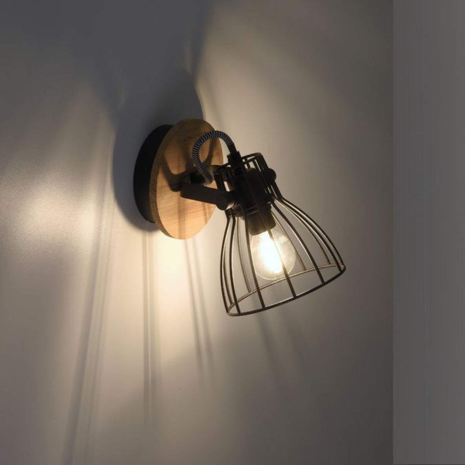Applique murale bois métal Abat-jour filaire E14 orientable