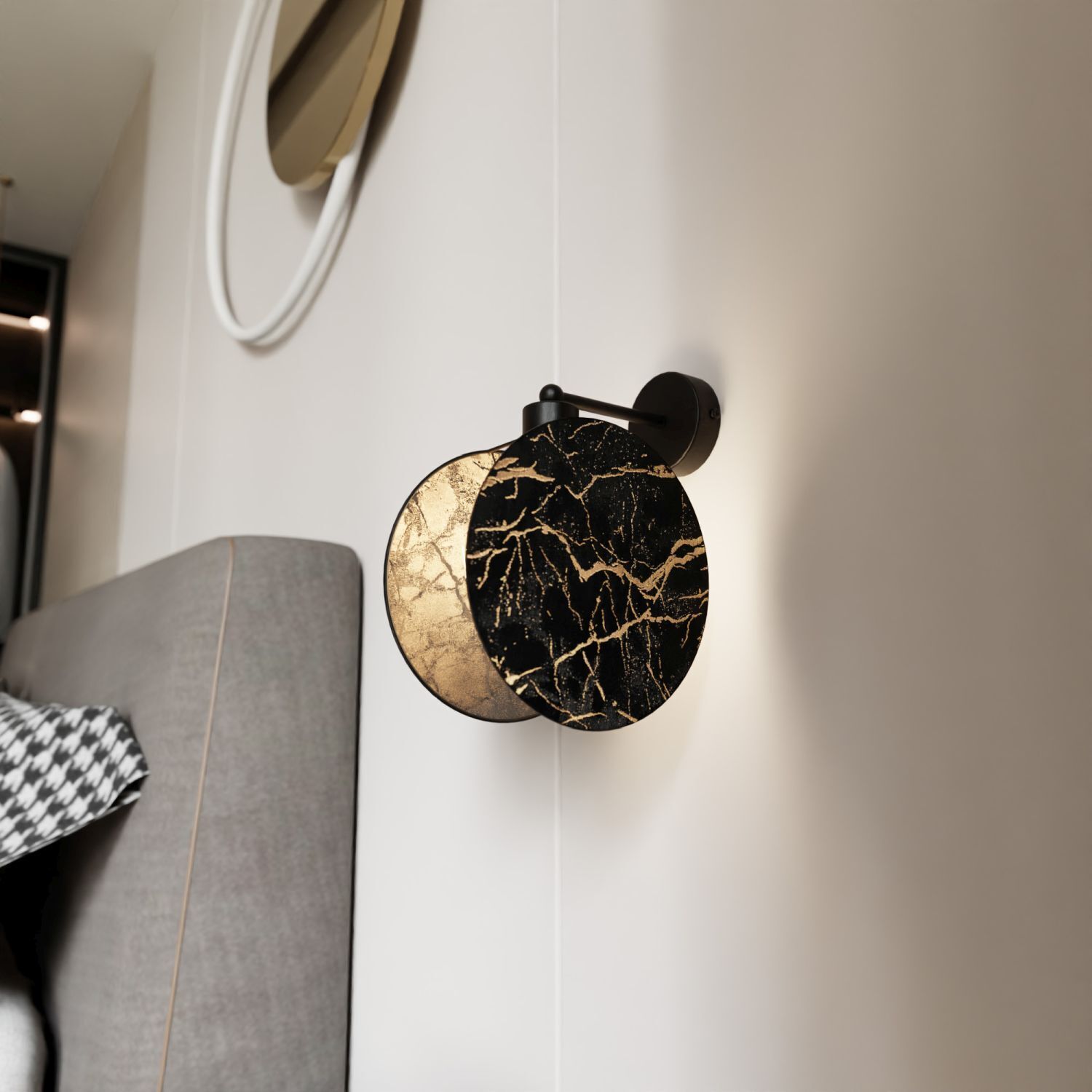 Applique murale aspect marbre Ø 20 cm rond noir or E27