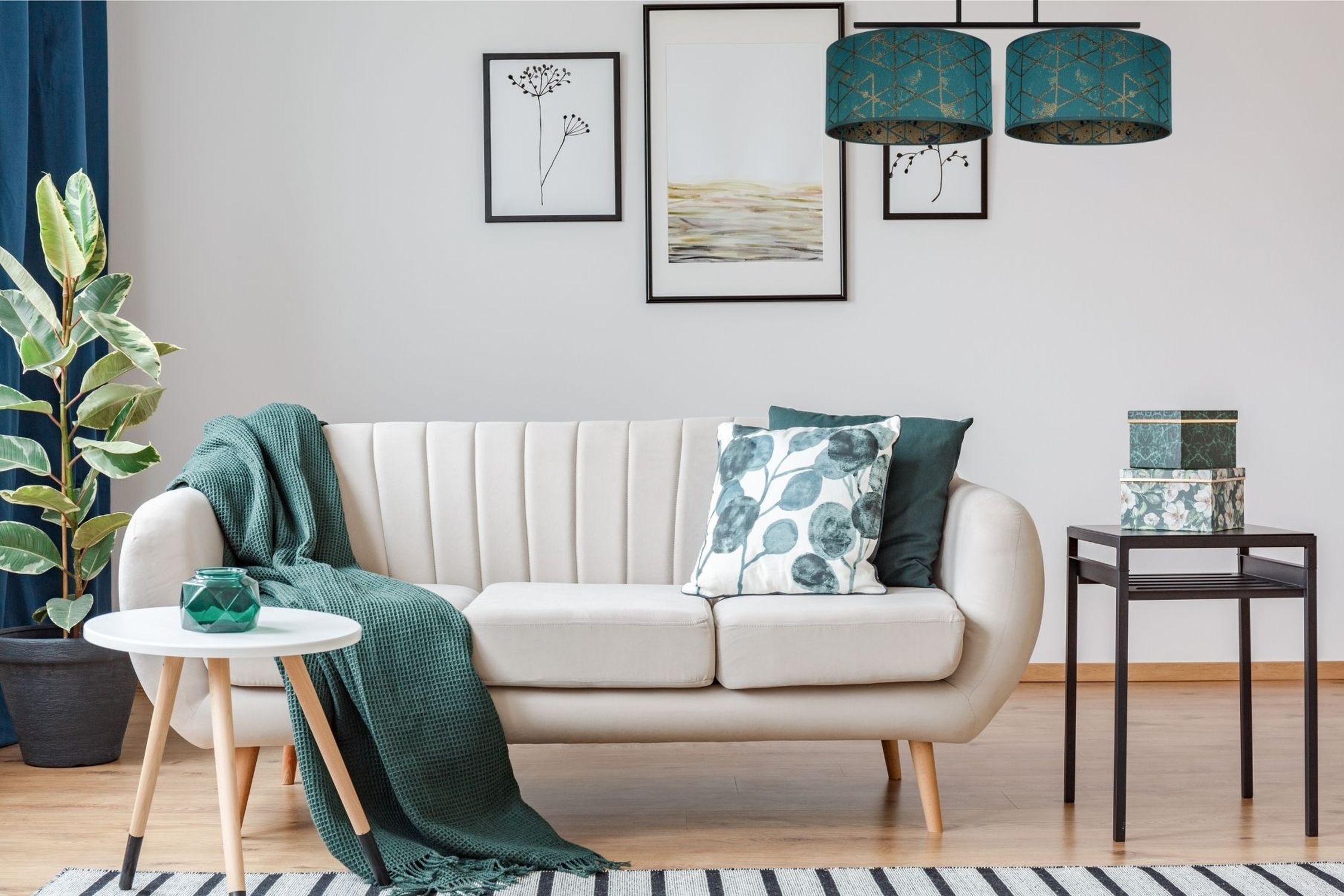 Gemütliche Deckenlampe Stoff Grün Muster E27 L:70 cm sofa, wohnzimmer, kissen, pflanze, lampe