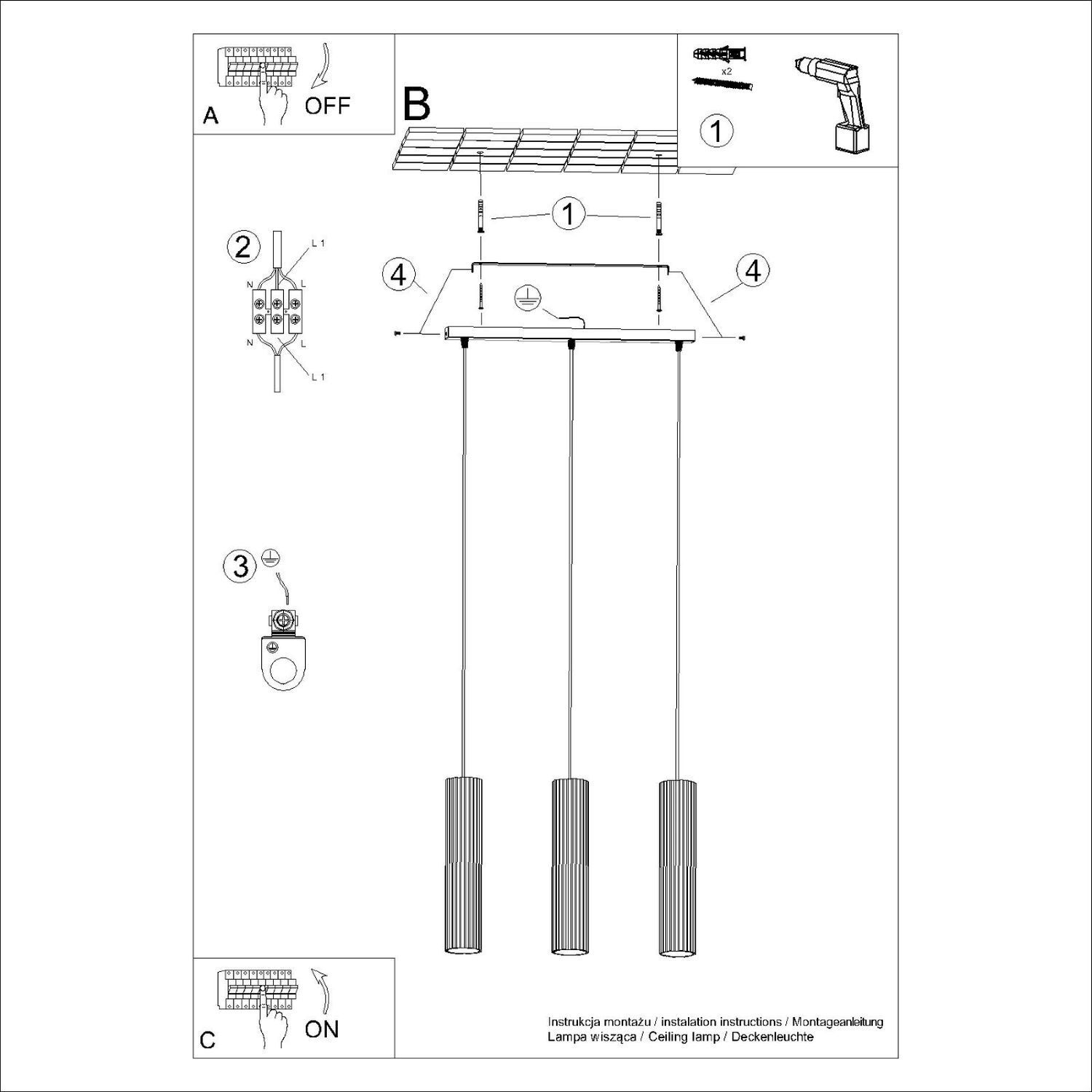 Lampe à suspendre 3 flammes GU10 L : 45 cm étroit Blanc Moderne