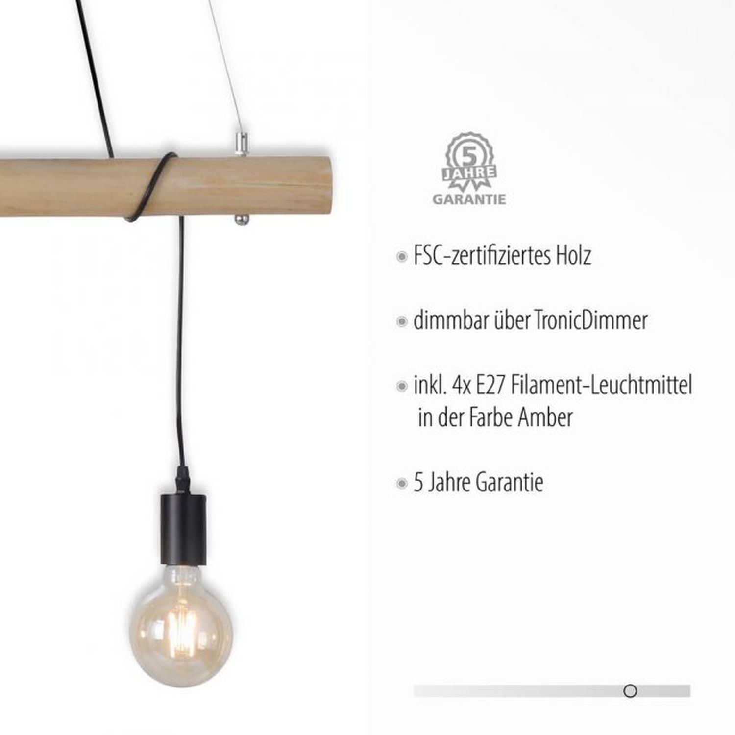 Suspension longue poutre en bois 100 cm incl E27 2700 K
