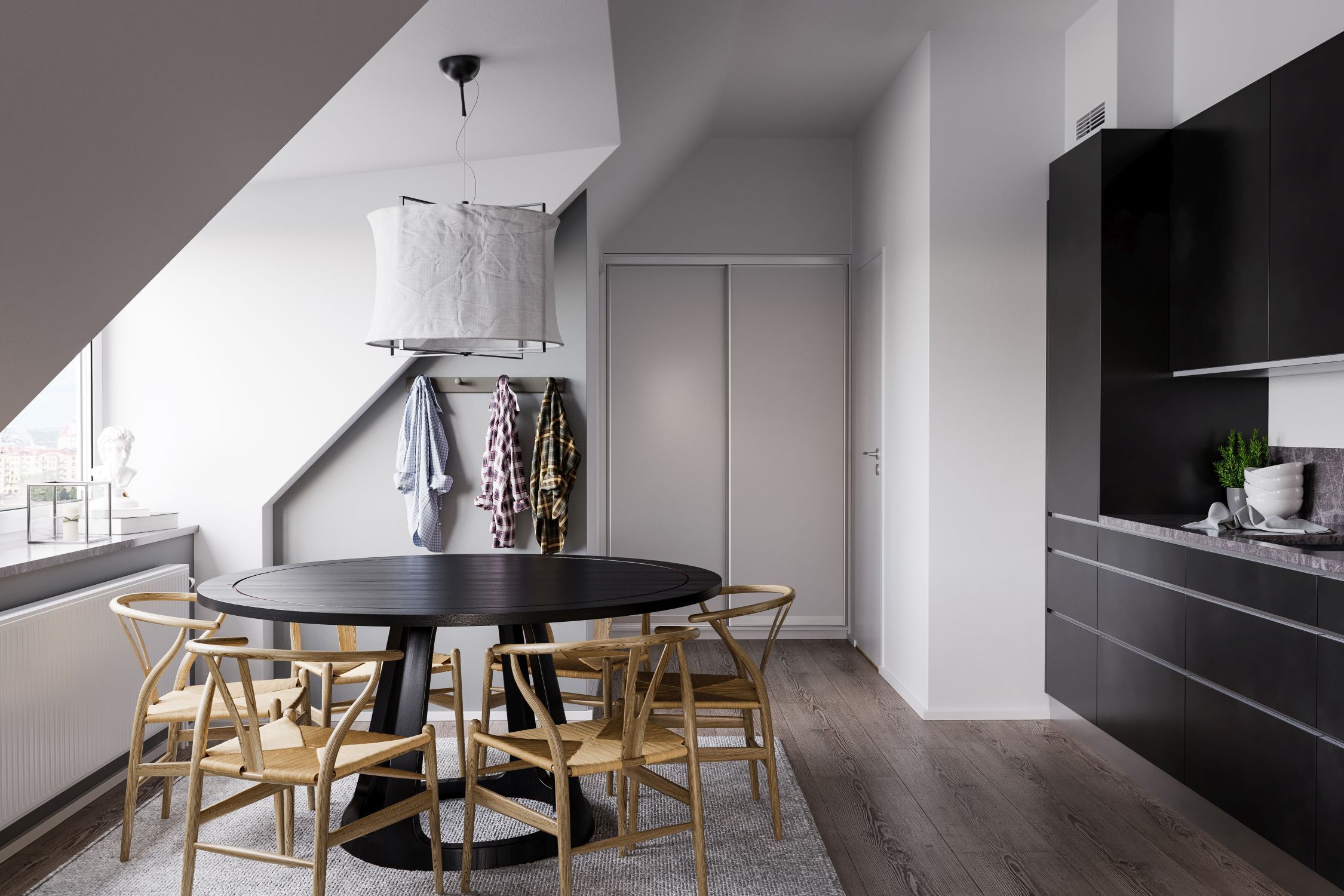 Esstisch, runde Tischplatte, Holzstuhl, Küchenbereich, moderne Küche