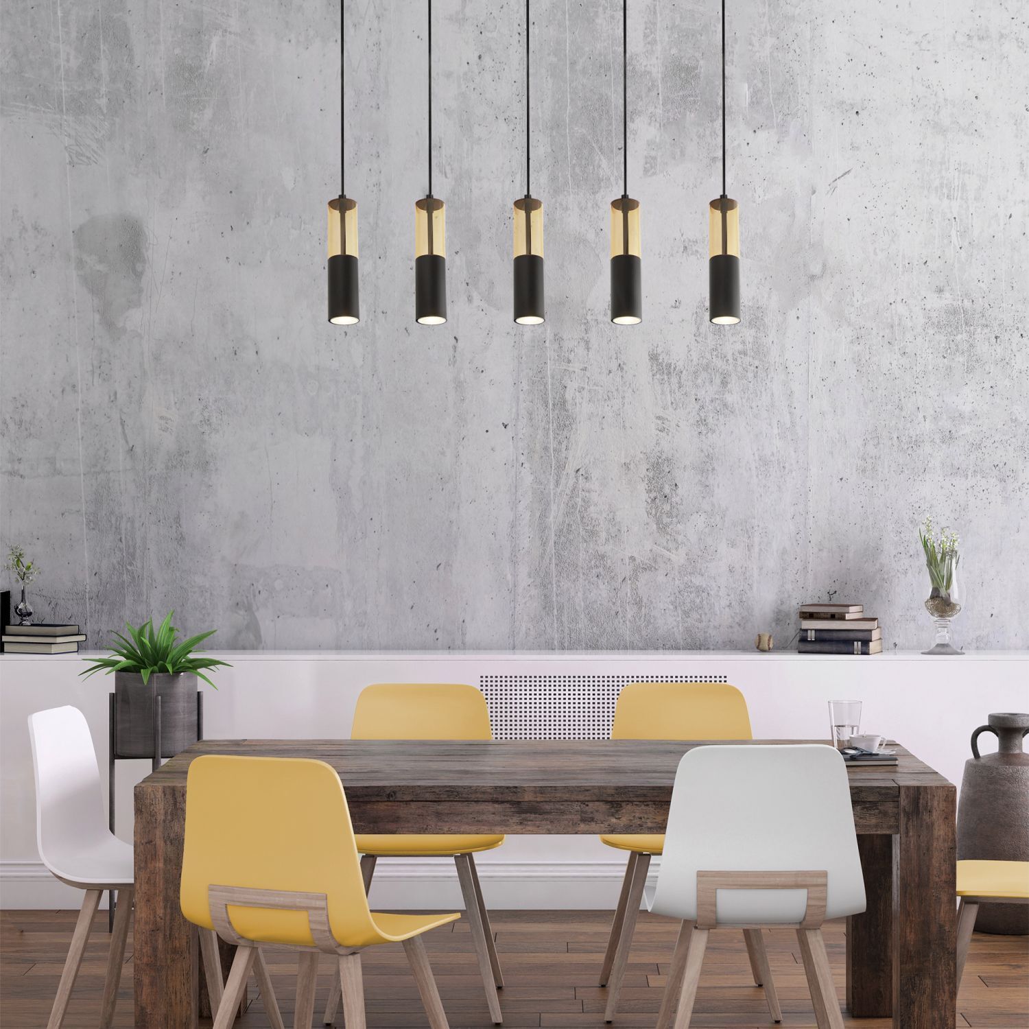 Suspension à 5 flammes L : 93,5 cm Noir Ambre GU10