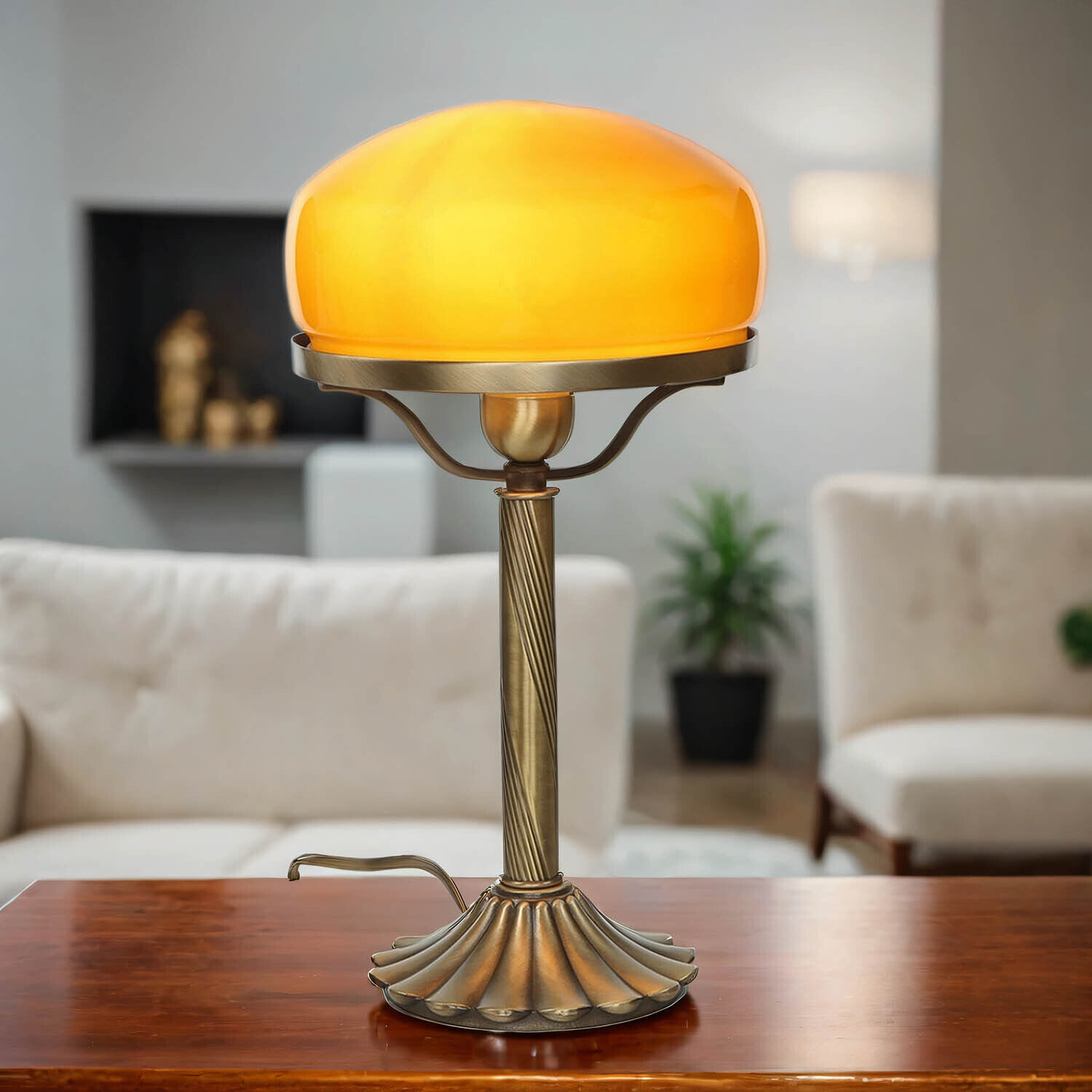 Véritable lampe de table en laiton Abat-jour en verre orange