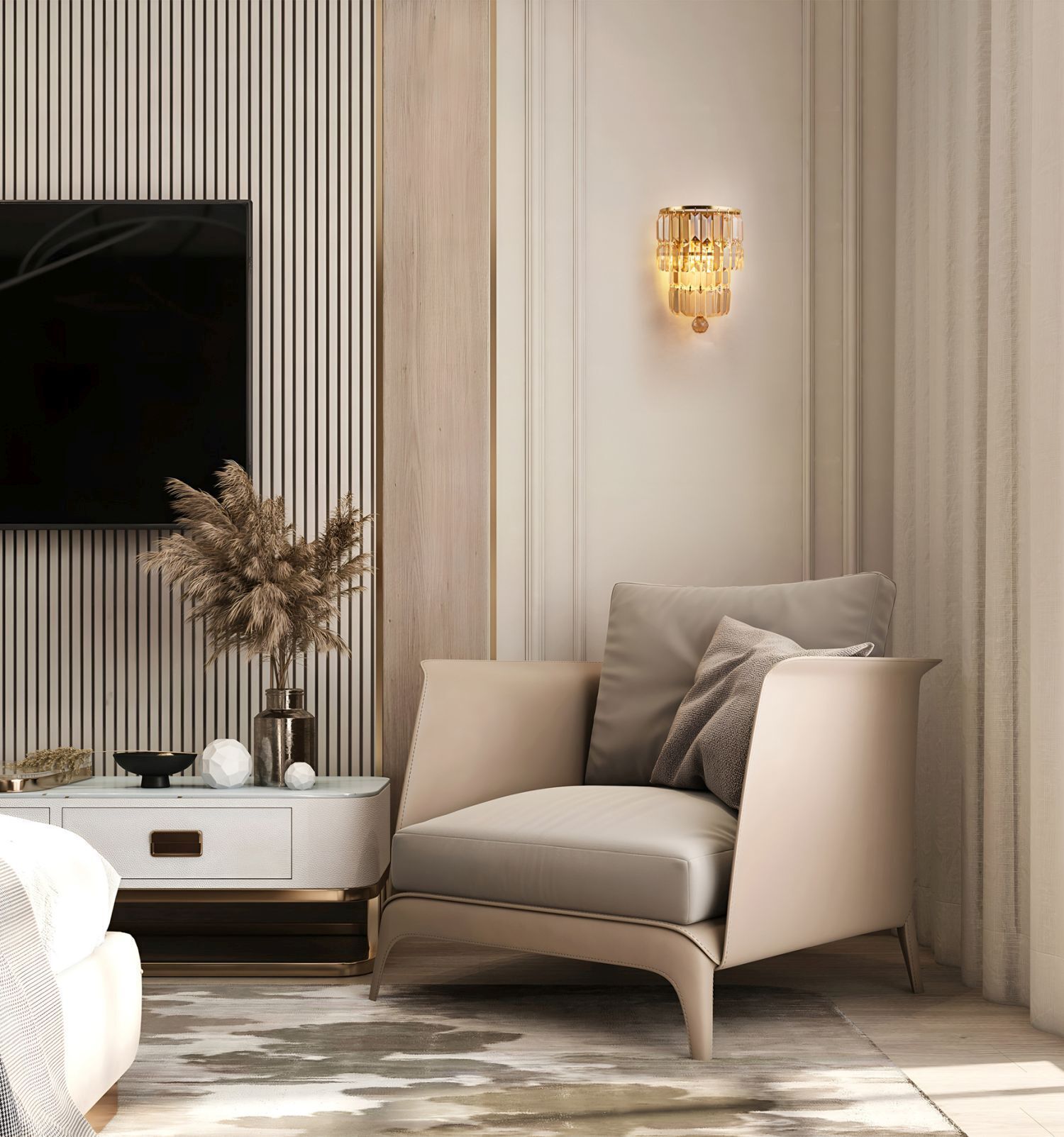 Wohnzimmer, Sessel, Beige, Wandlampe, TV-Möbel