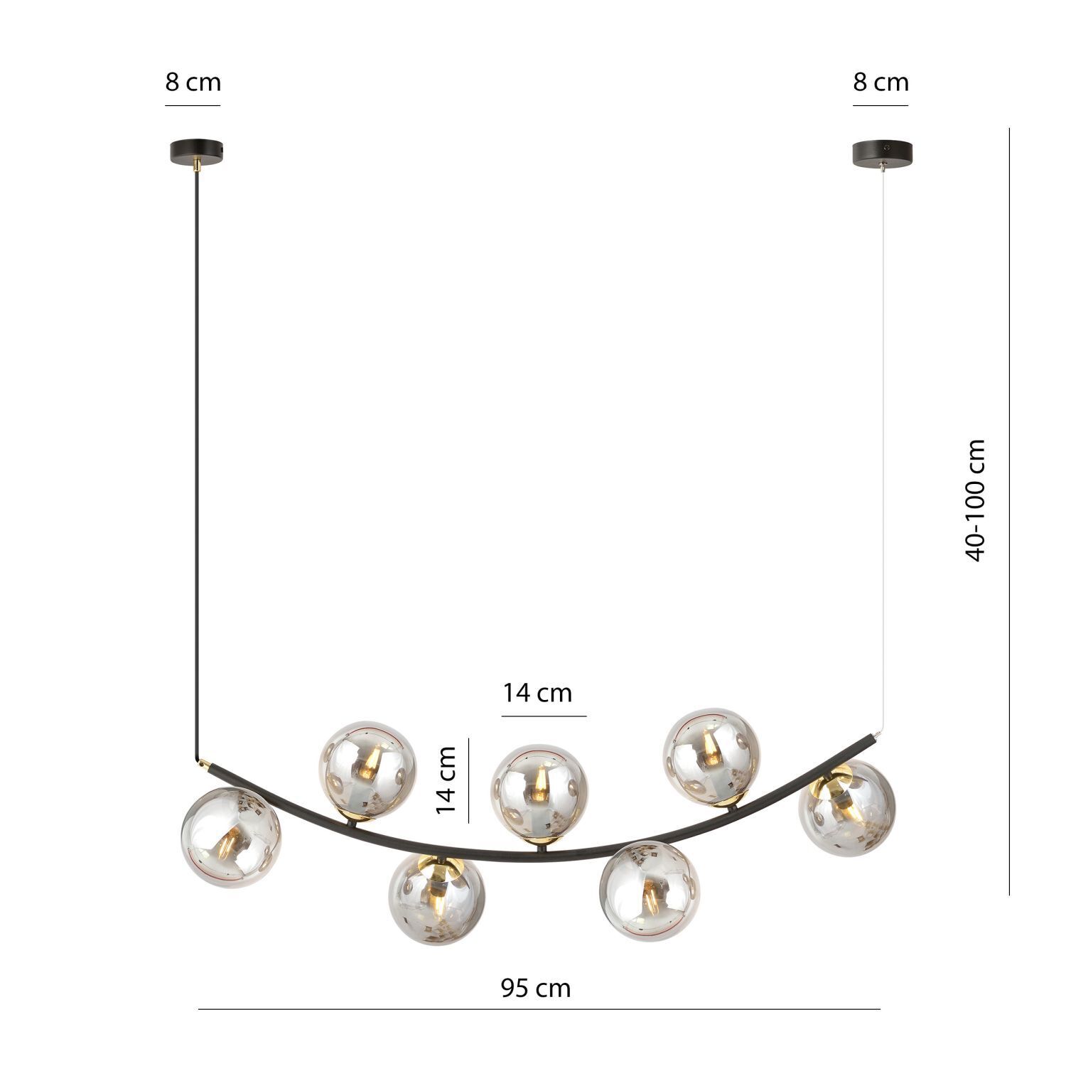 Lampe à suspendre métal verre fumé L : 95 cm H : max. 100 cm 7x E14