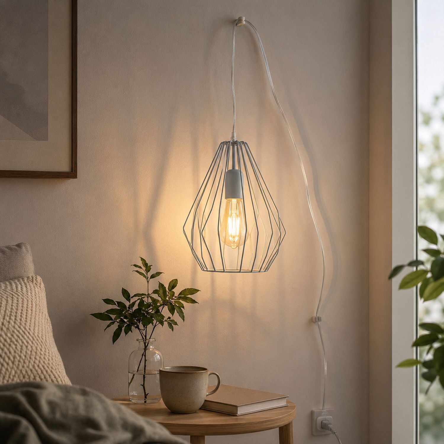 pendelleuchte-haengelampe-mit-stecker-kabel-schalter-draht-gestell-metall-grau-1 hanger lamp, wireframe lamp, exposed bulb, pendant light, living room decor