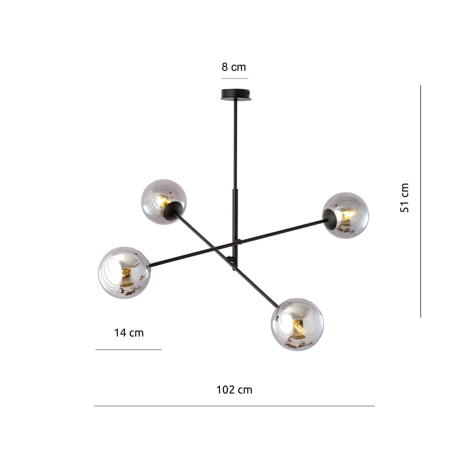 Plafonnier orientable L : 102 cm E14 4-flamme Abat-jour sphérique