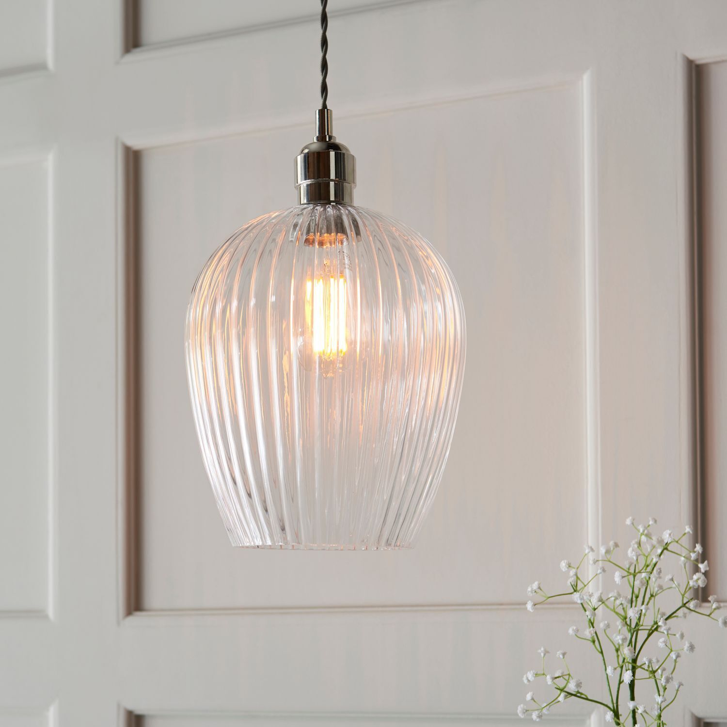 Lampe à suspendre verre cannelé métal Ø 21 cm nickel brillant E27