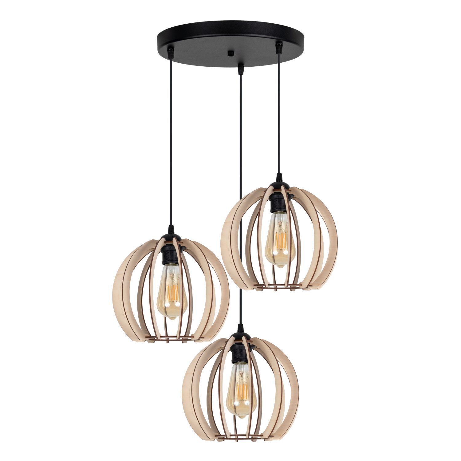 Schwarze Pendelleuchte Holz Metall 3-flmg E27 L:40 cm Pendellampe, Holzringe, Drei Lichter, Industrie-Design, Deckenleuchte