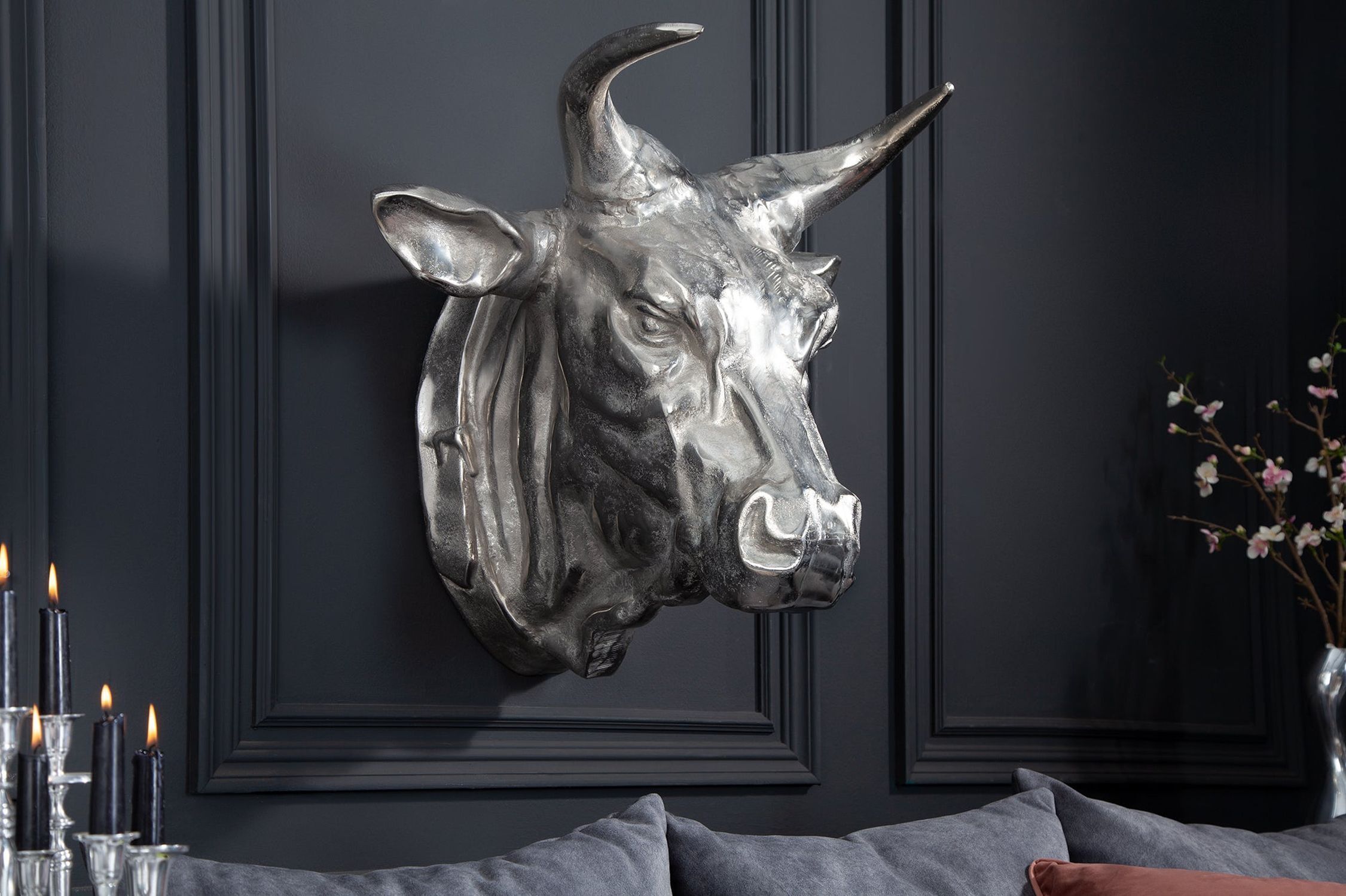 Décoration murale Tête de taureau en métal argenté L : 65 cm Trophée de chasse Tier, Stier, Säugetier