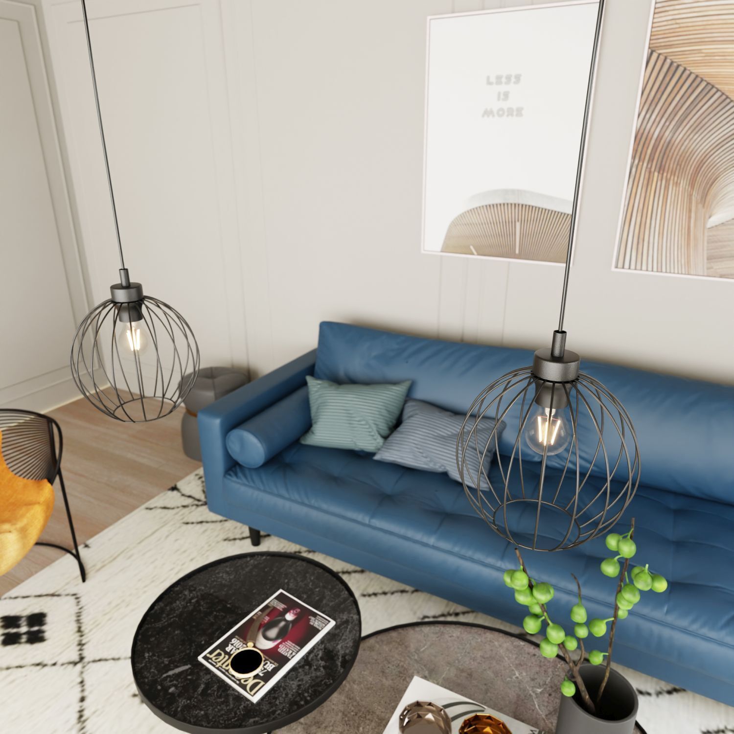 Runde Hängelampe Schwarz Metall E27 Ø24 cm Drahtschirm Hängelampe, Metallkugel, Wohnzimmer, Sofalicht, Teppich