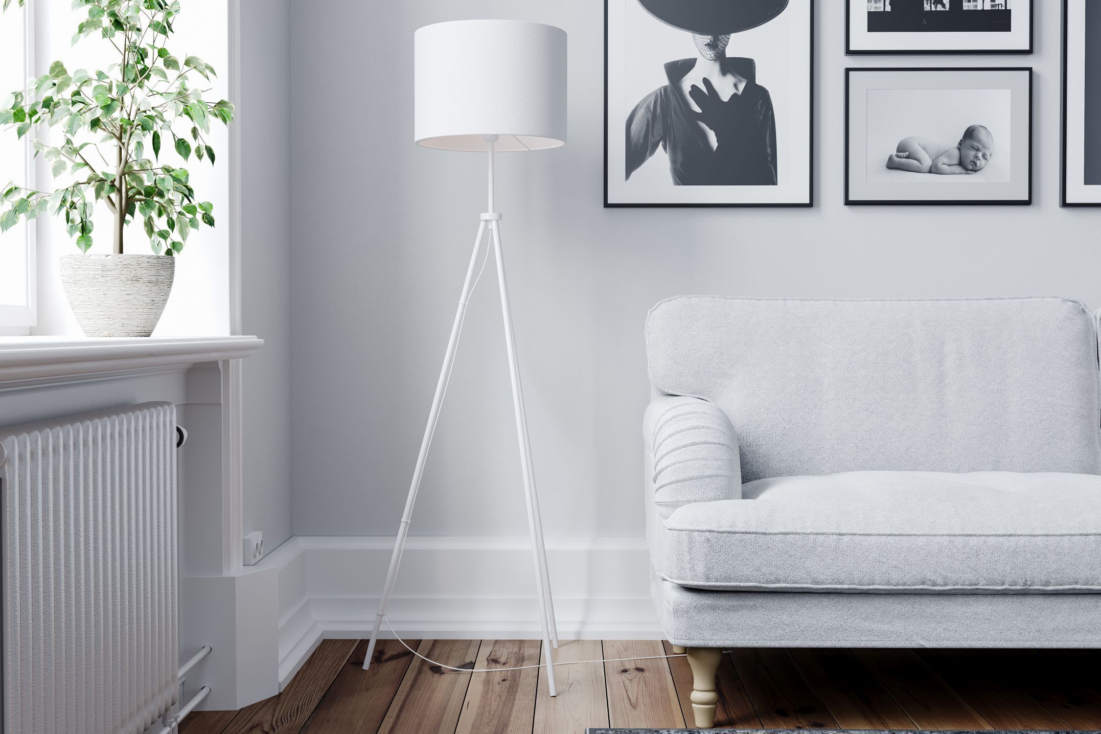 Lampadaire métal tissu 145 cm de haut Tripode blanc E27 Lampe, Stehlampe, Pflanze, Couch, Mobiliar