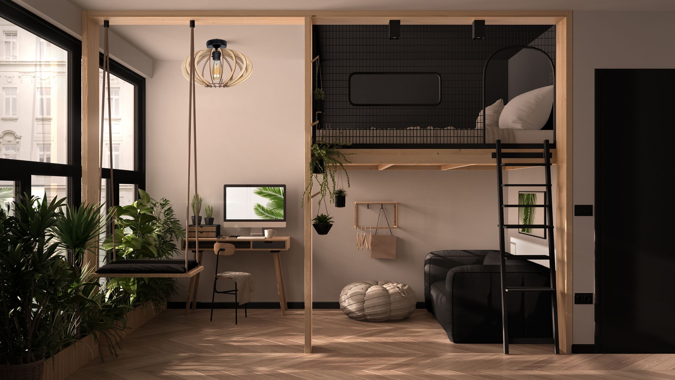 Plafonnier décoratif en bois E27 Ø35 cm en noir