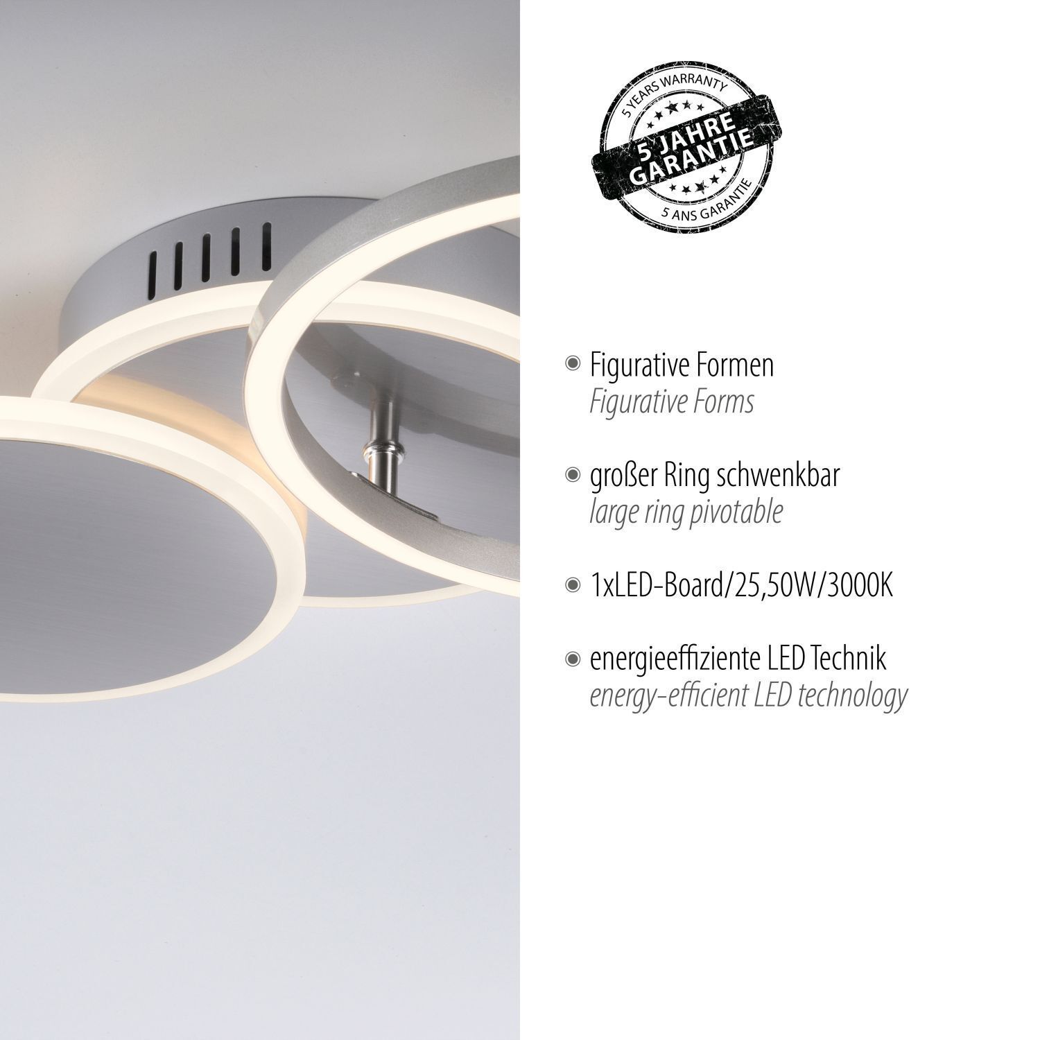 Lampe de plafonnier LED en acier métal blanc chaud 26 W mobile