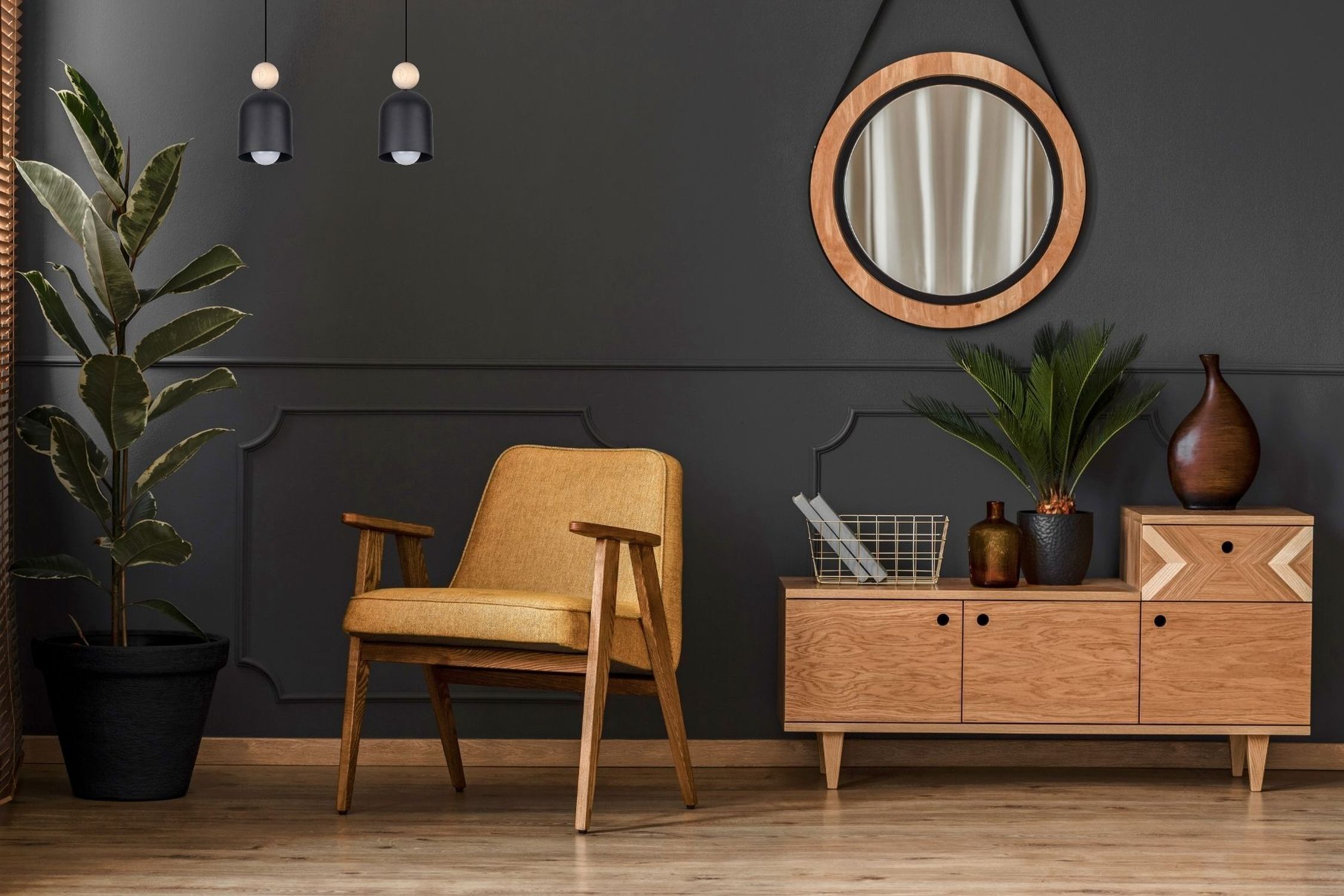 Gemütliche Pendelleuchte Schwarz Metall Holz E27 46 cm Drinnen, Innenarchitektur, Pflanze, Mobiliar, Stuhl