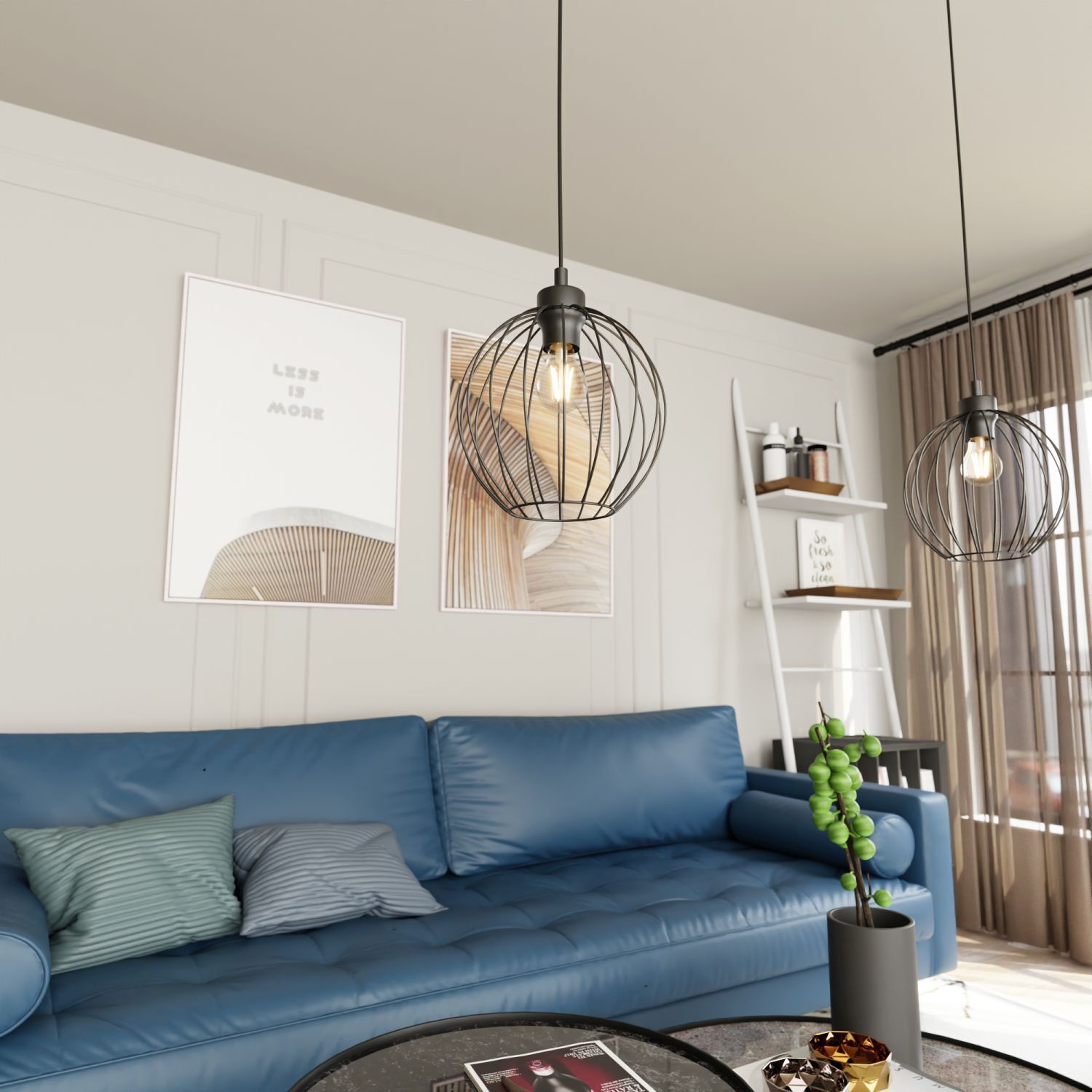 Runde Hängelampe Schwarz Metall E27 Ø24 cm Drahtschirm wohnzimmer, sofa, blau, pendelleuchten, wohnaccessoires