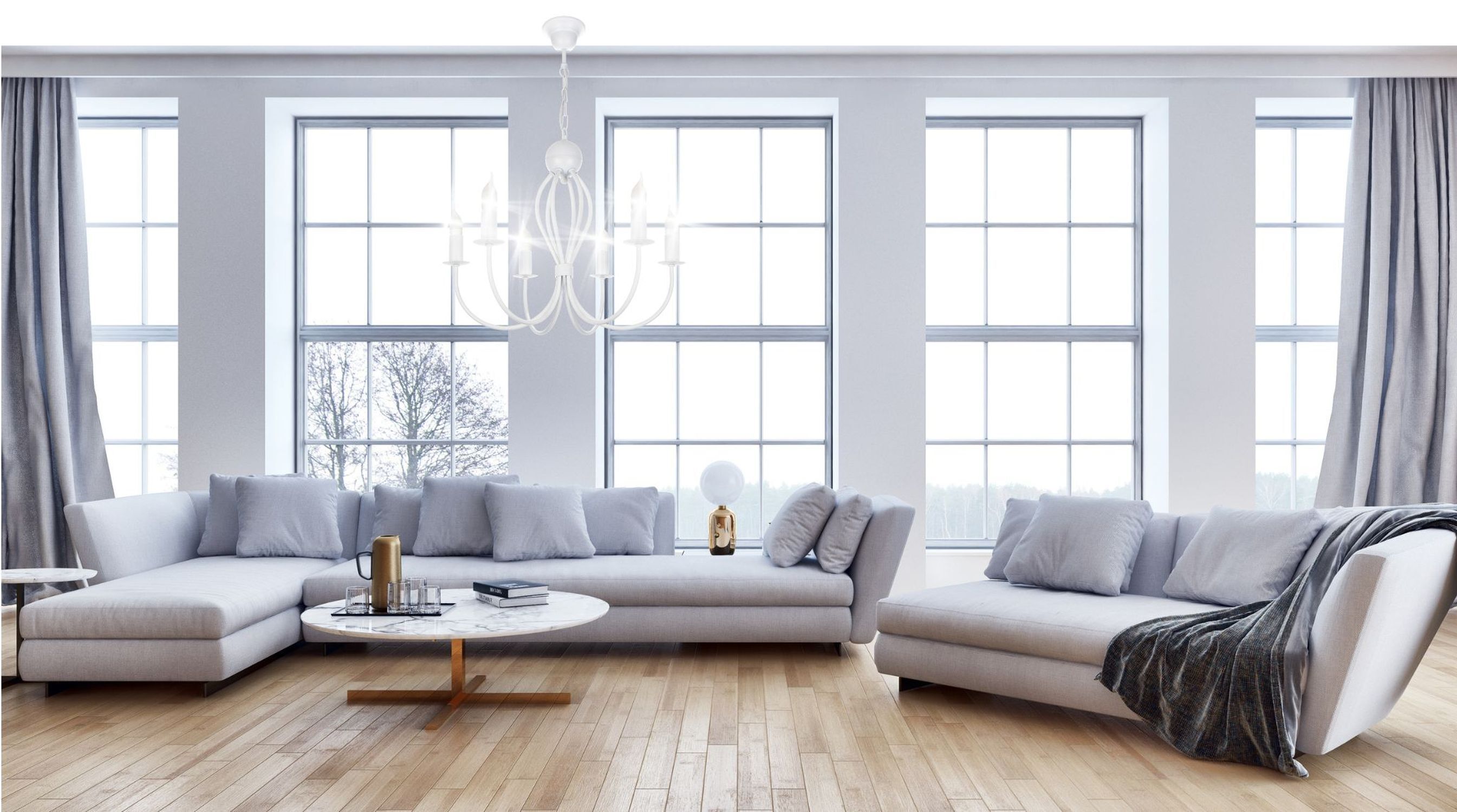 Weißer Kronleuchter Metall 6-flammig E14 Klassisch sofa, sectionssofa, wohnzimmer, kaffetisch, vorhänge