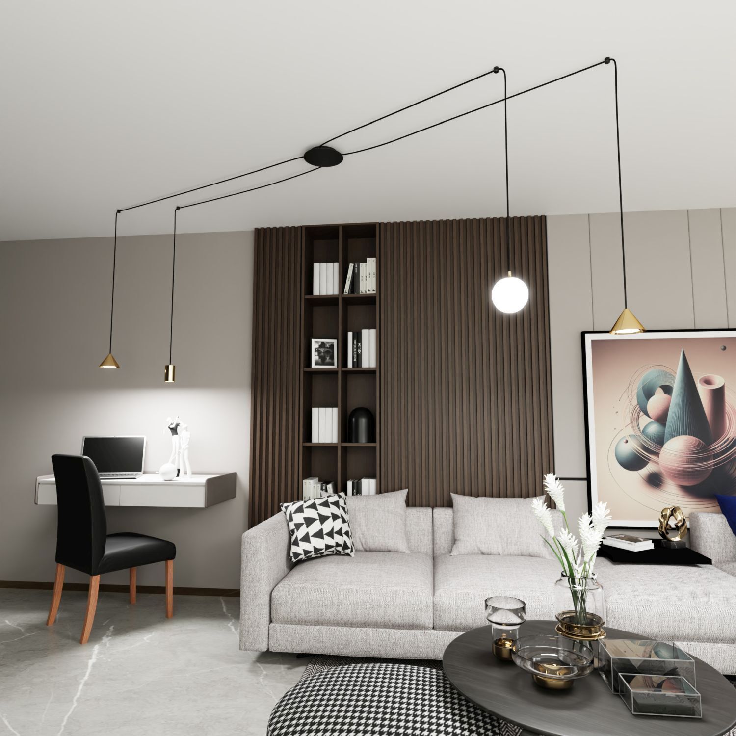 Wohnzimmer, Sofa, Vitrinenregal, Kunstdruck, Hängelampe