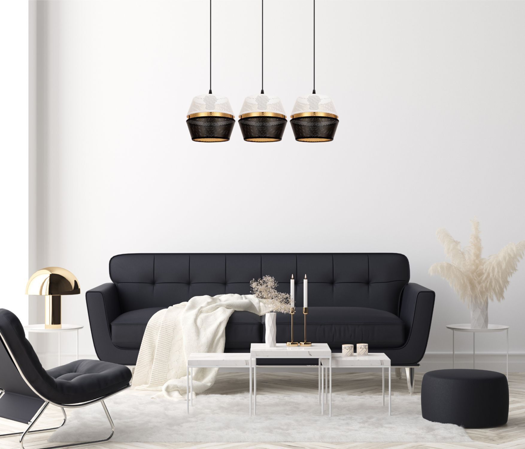 Longue lampe à suspendre 3 flammes métal noir blanc or E27 Moebel, Wohnzimmer, Couch, Dekoration für Zuhause, Innenarchitektur