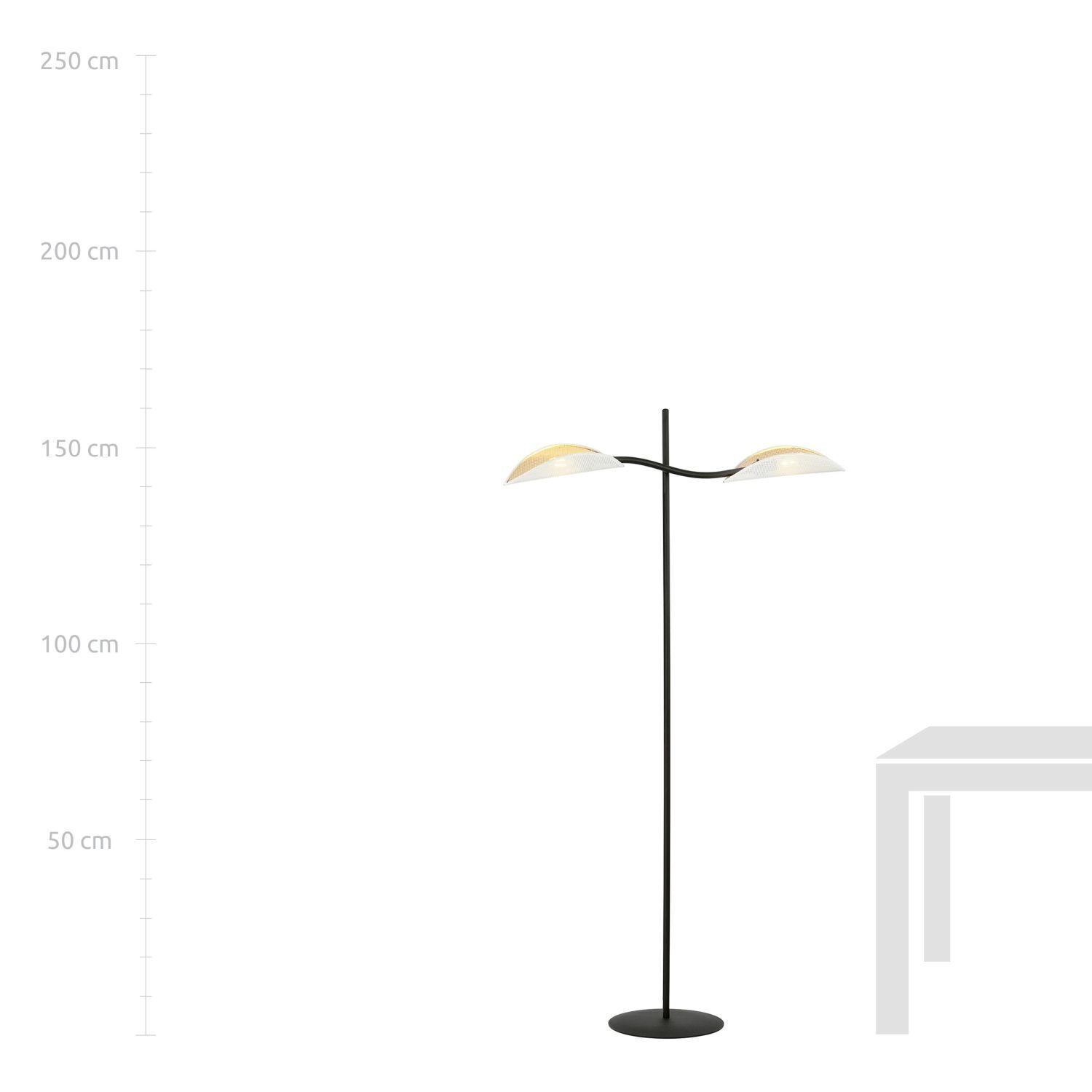 Lampadaire Tissu Métal 150 cm pivotant Noir Blanc Or 2x E14